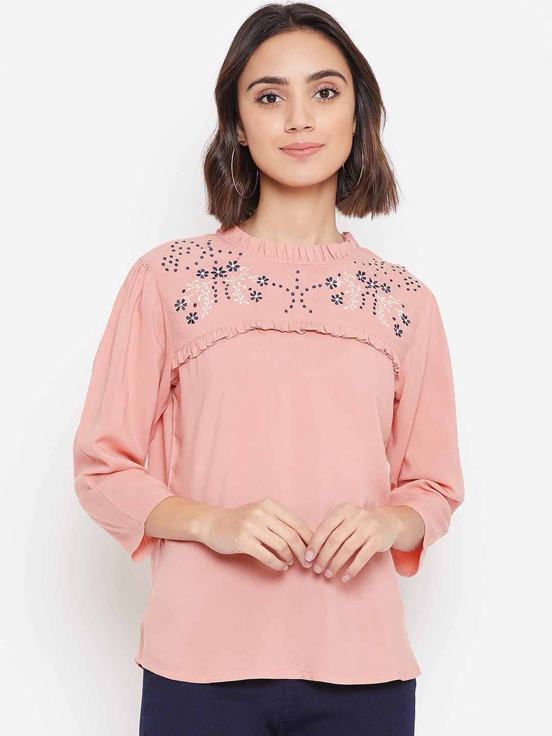

Ruhaans Women Peach-Coloured Self Design Embroidered Top
