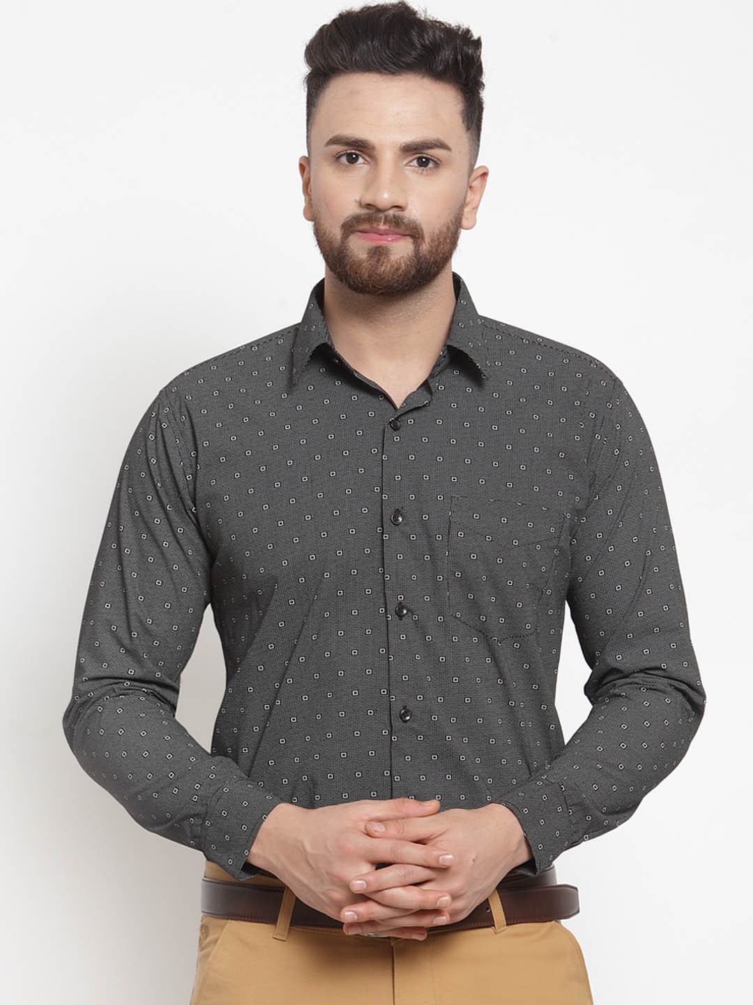 

Hancock Men Charcoal Grey & White Slim Fit Printed Formal Shirt