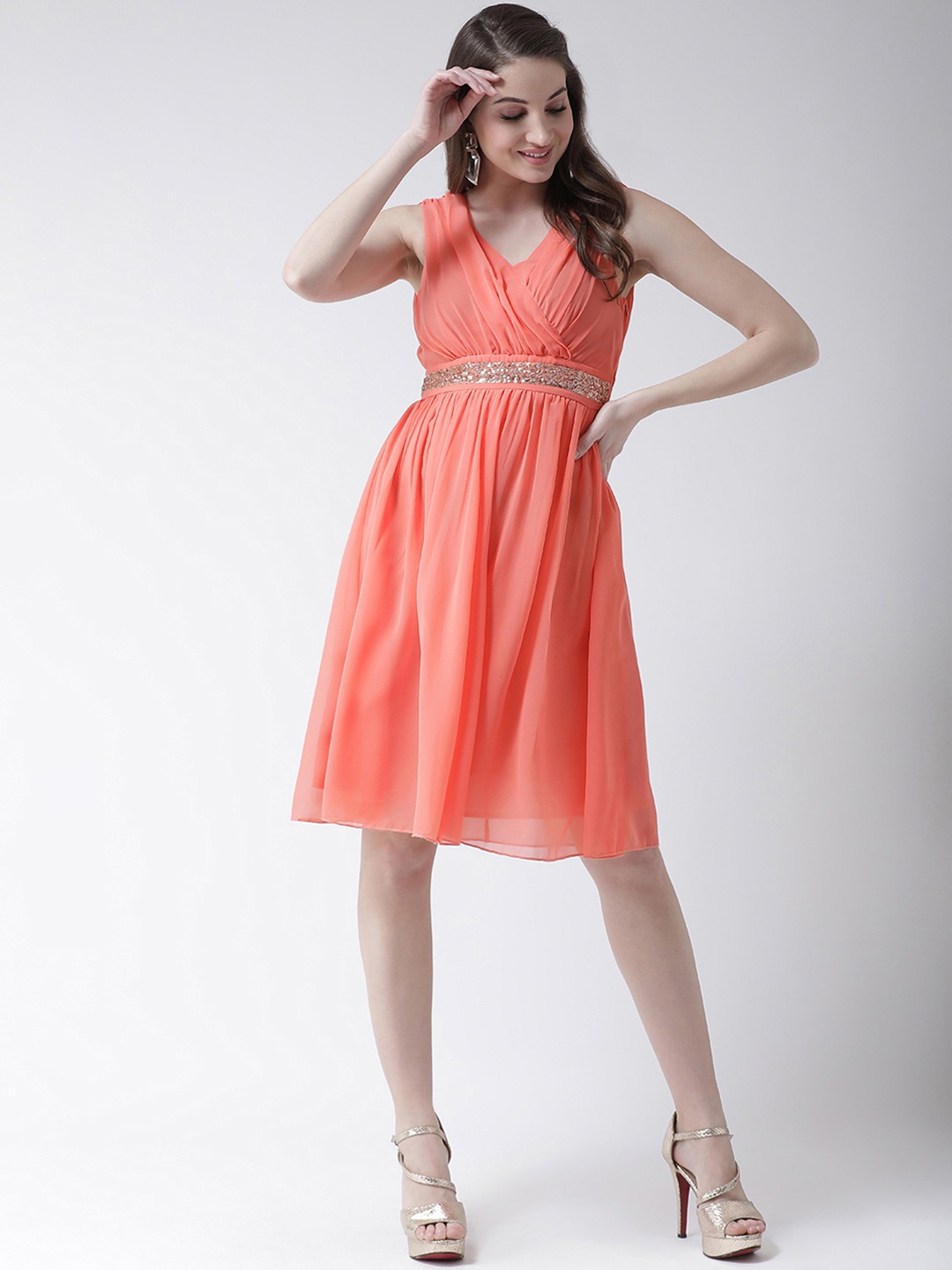 

KASSUALLY Women Peach-Coloured Solid Empire Dress