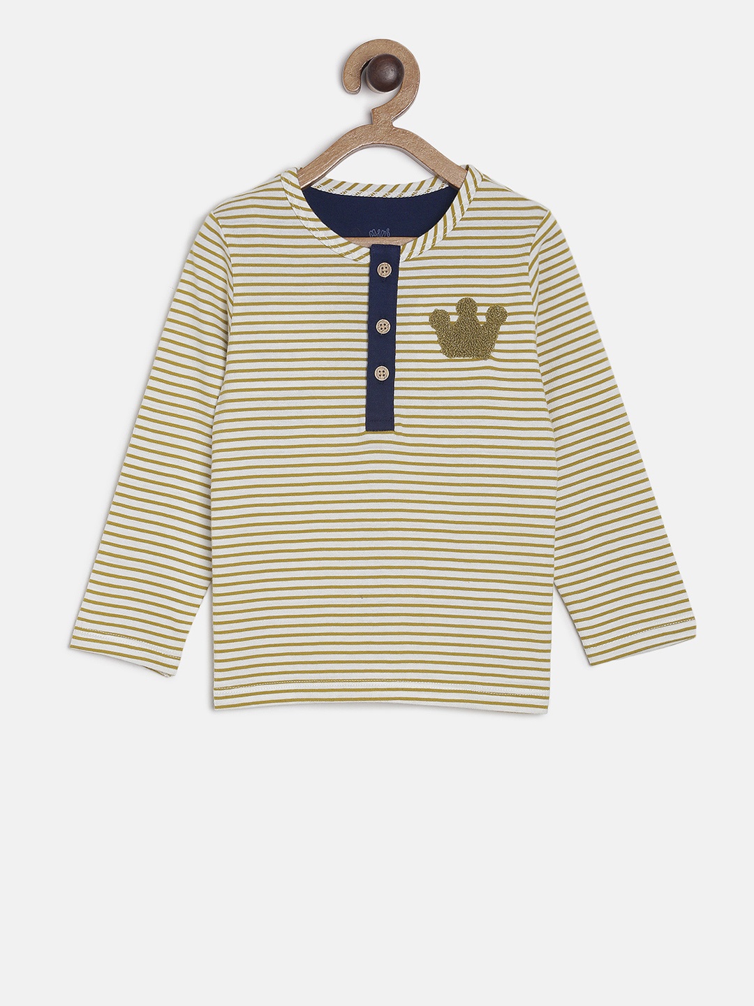 

MINI KLUB Boys White Mustard Yellow Striped Round Neck Pure Cotton T-shirt