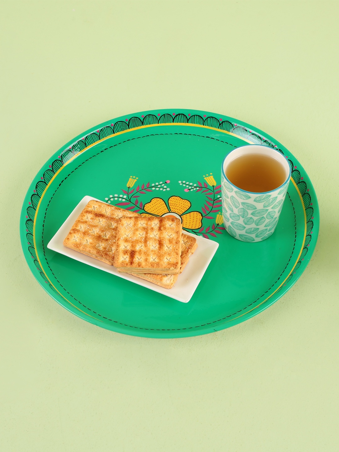 

Chumbak Green & Mustard-Yellow Printed Stainless Steel Tray