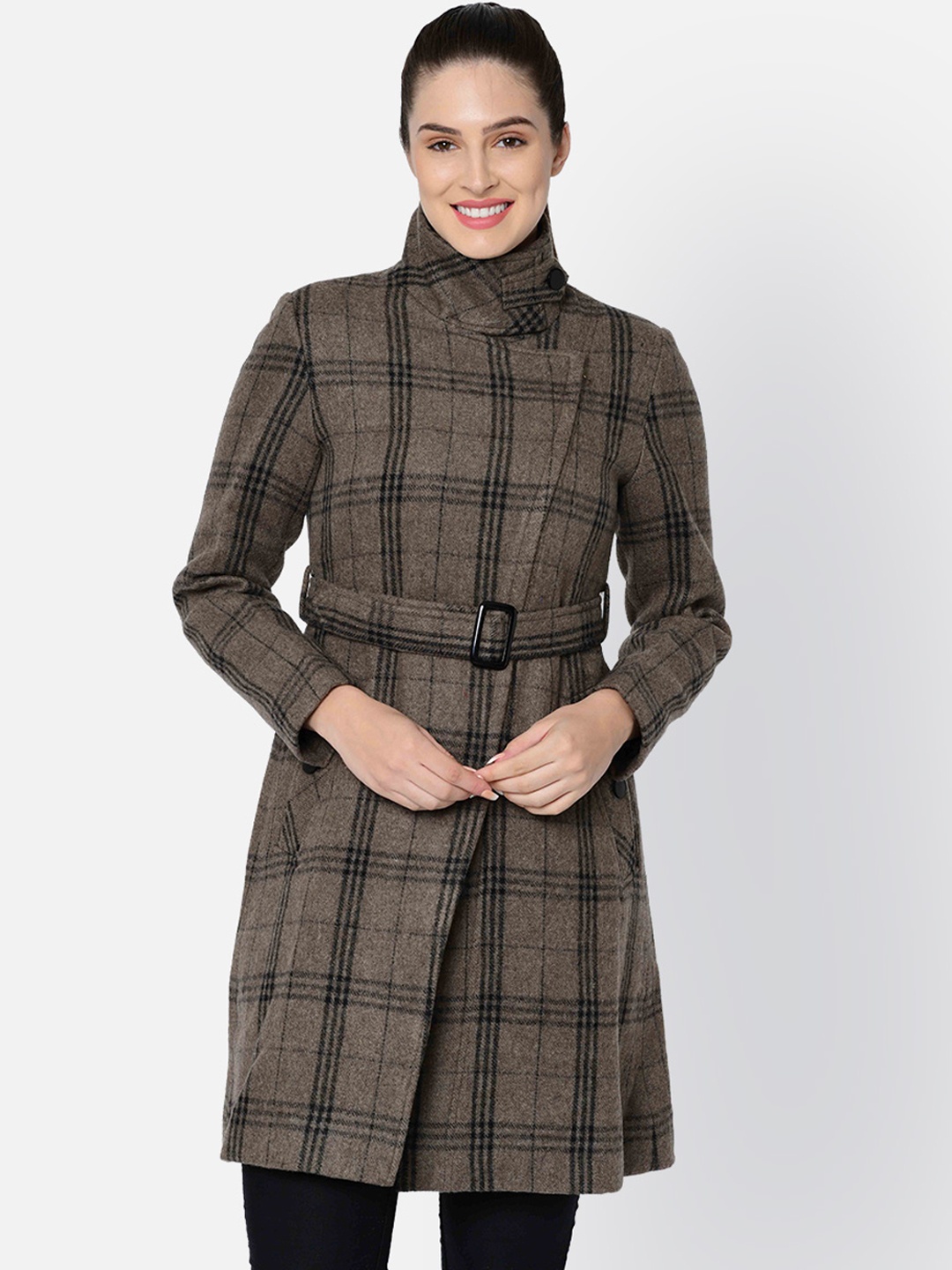 

Owncraft Women Brown & Black Checked Woolen Overcoat With Belt