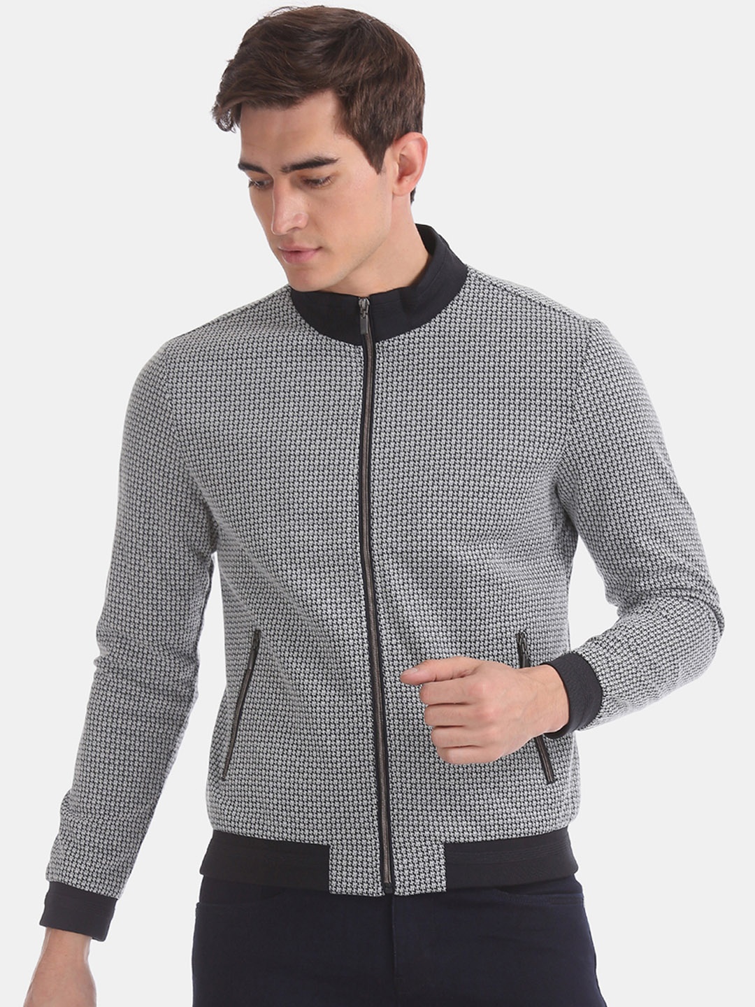 

Arrow Sport Men Grey Self Design Bomber Jacket