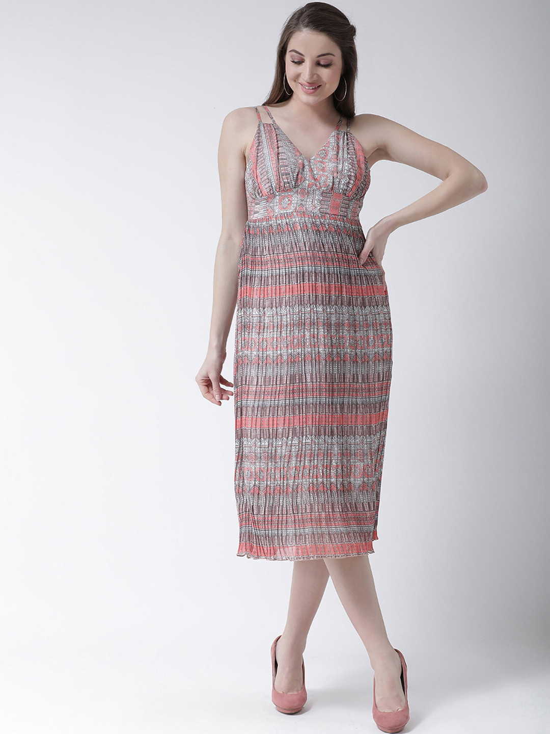 

KASSUALLY Women Peach-Coloured & Grey Printed Empire Dress