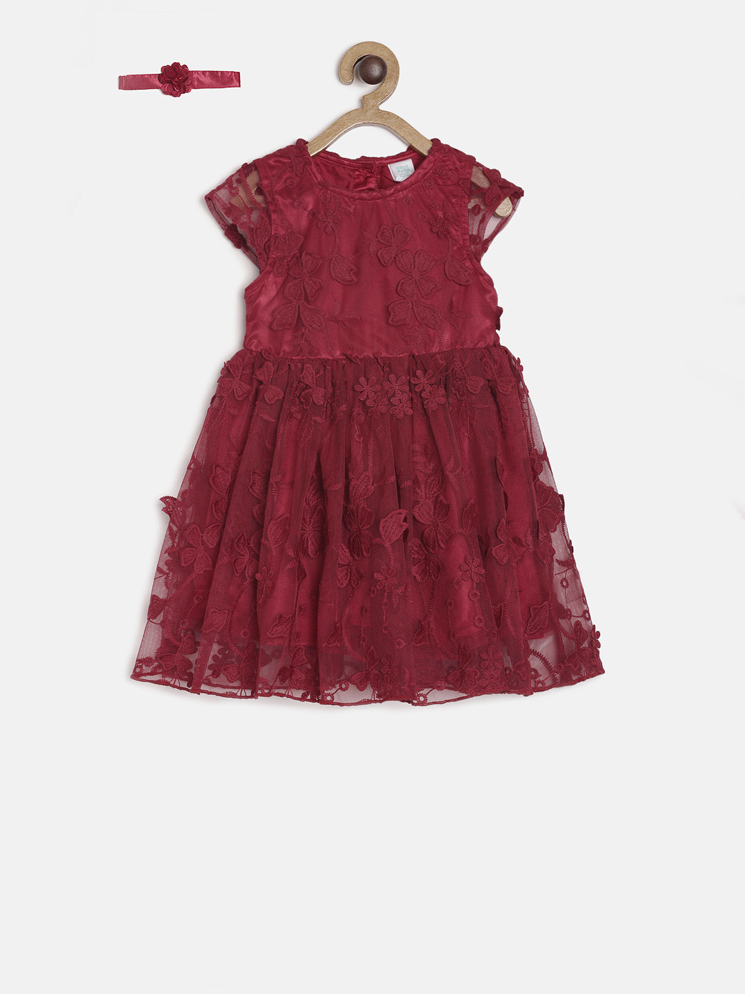 

MINI KLUB Girls Maroon Floral Design Lace Fit & Flare Dress