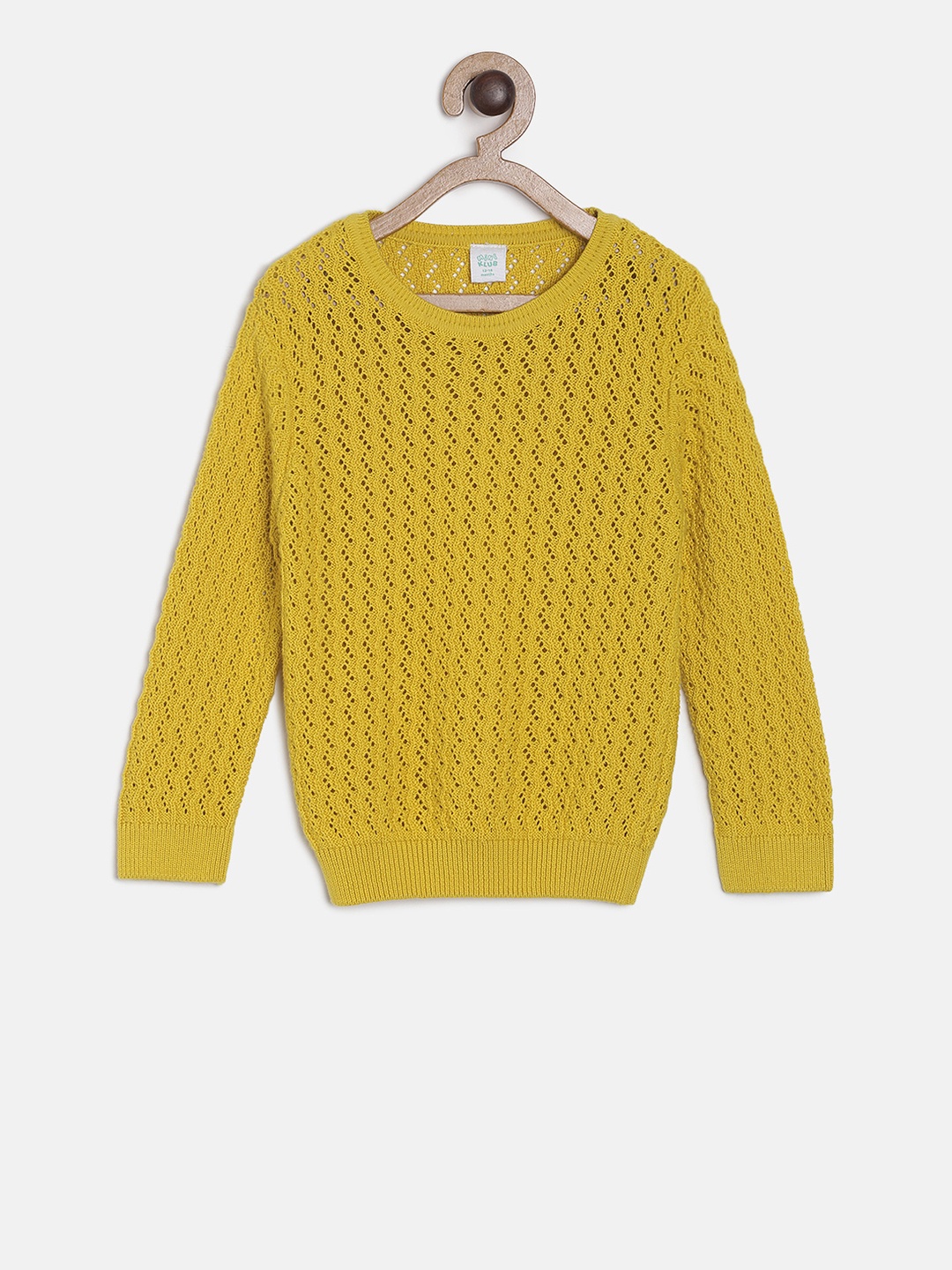 MINI KLUB Girls Mustard Yellow Self Design Pullover Sweater