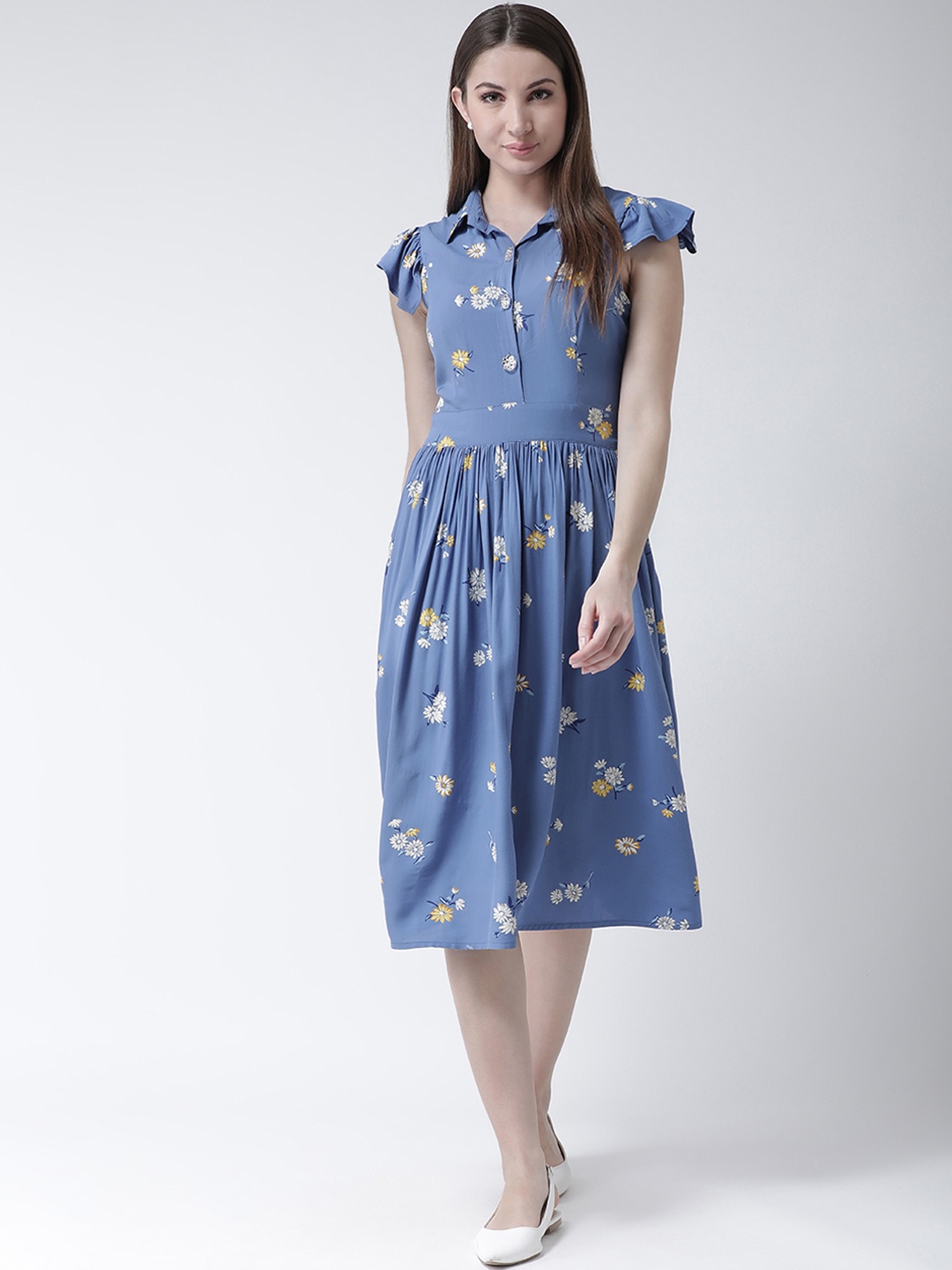 

KASSUALLY Women Blue & White Floral Print A-Line Dress