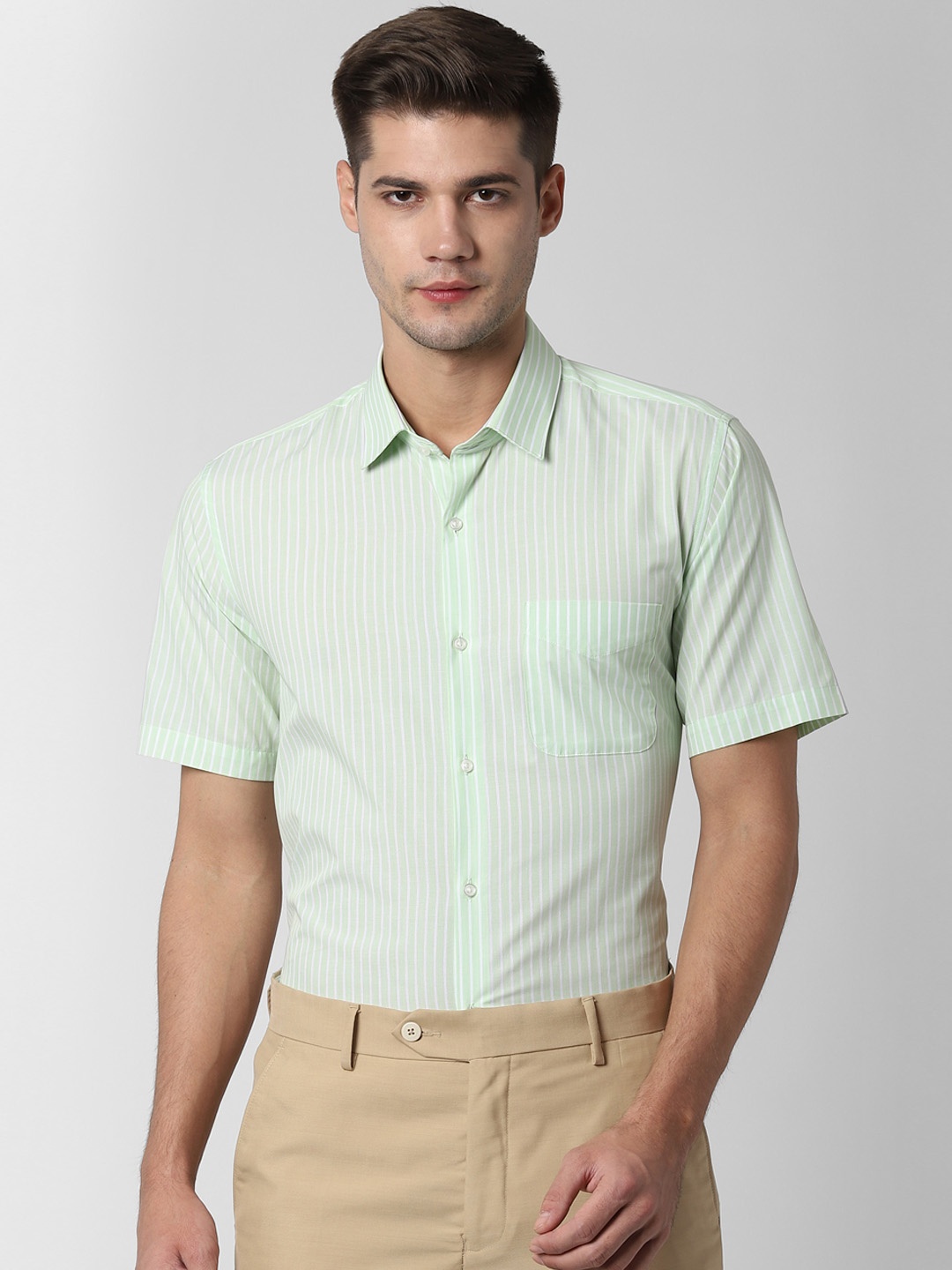

Peter England Men Green & White Regular Fit Striped Formal Shirt