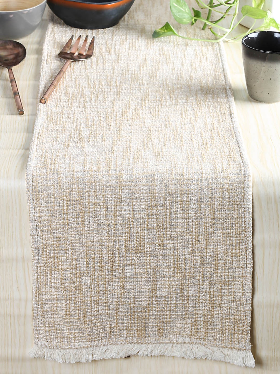 

House This Beige Self Design Pure Cotton Table Runner