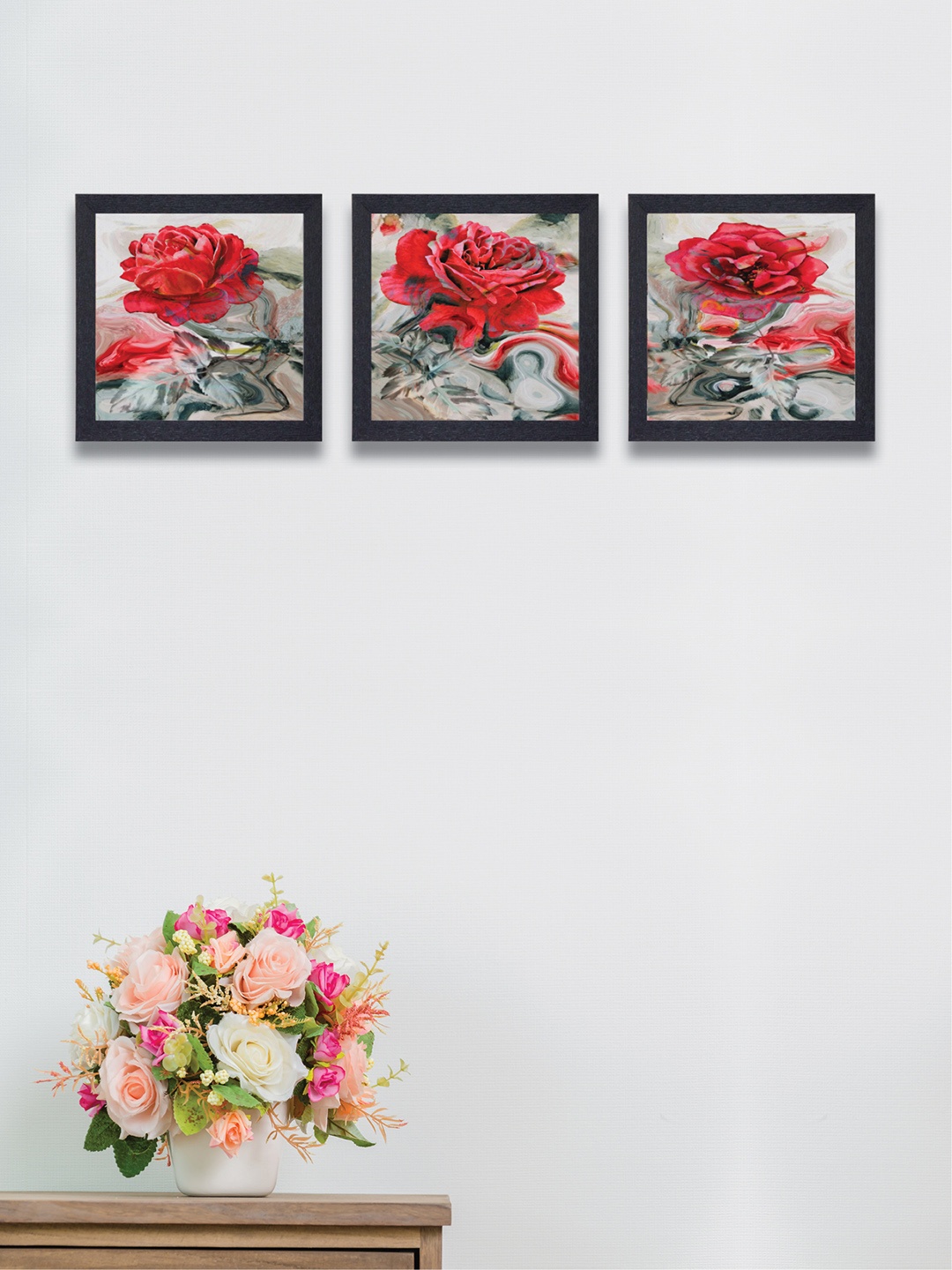 

nest ART Set of 3 Red & Grey Rose Synthetic Wood Wall Art