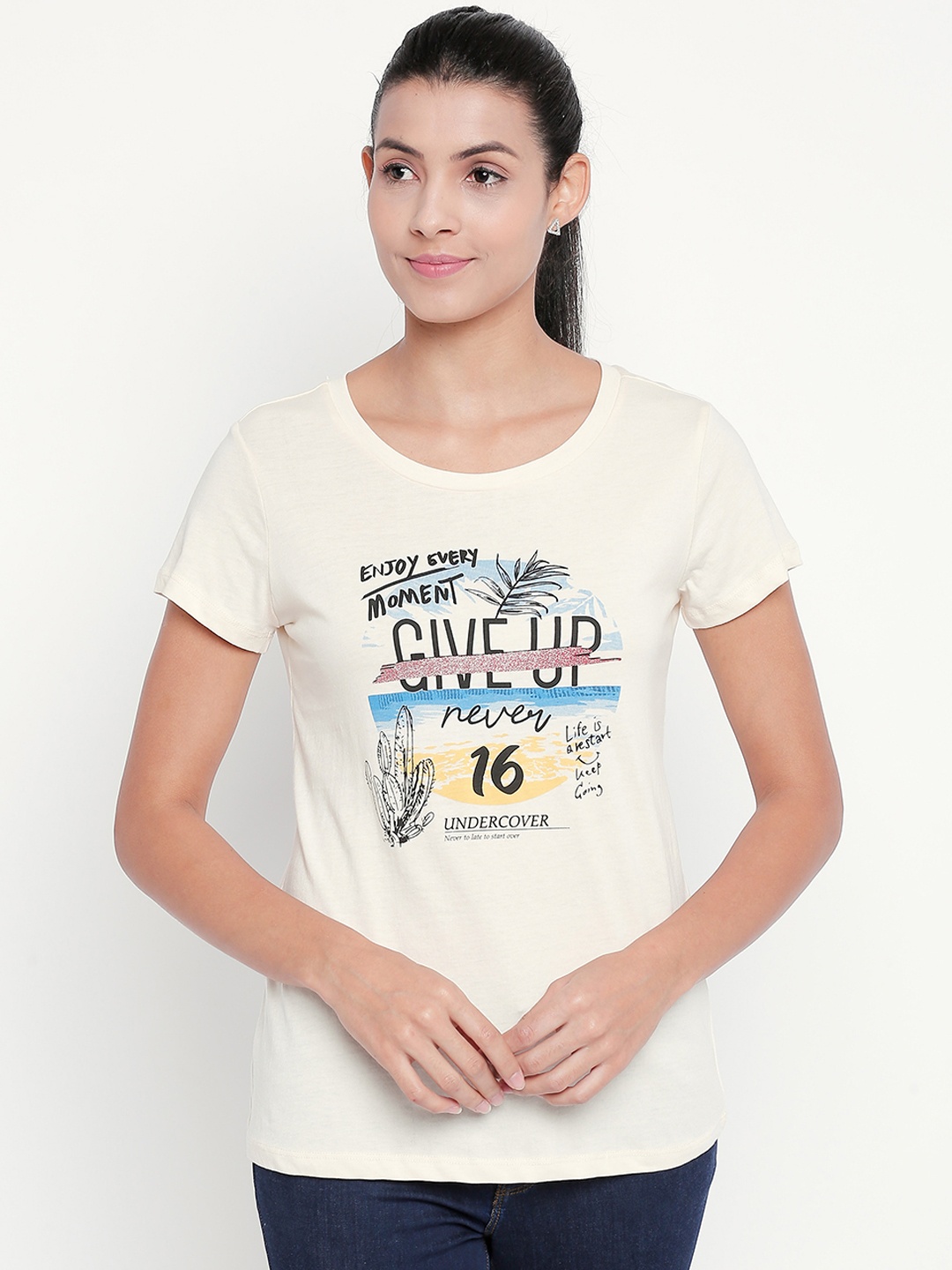 

Honey by Pantaloons Women Off-White Printed Round Neck Pure Cotton T-shirt