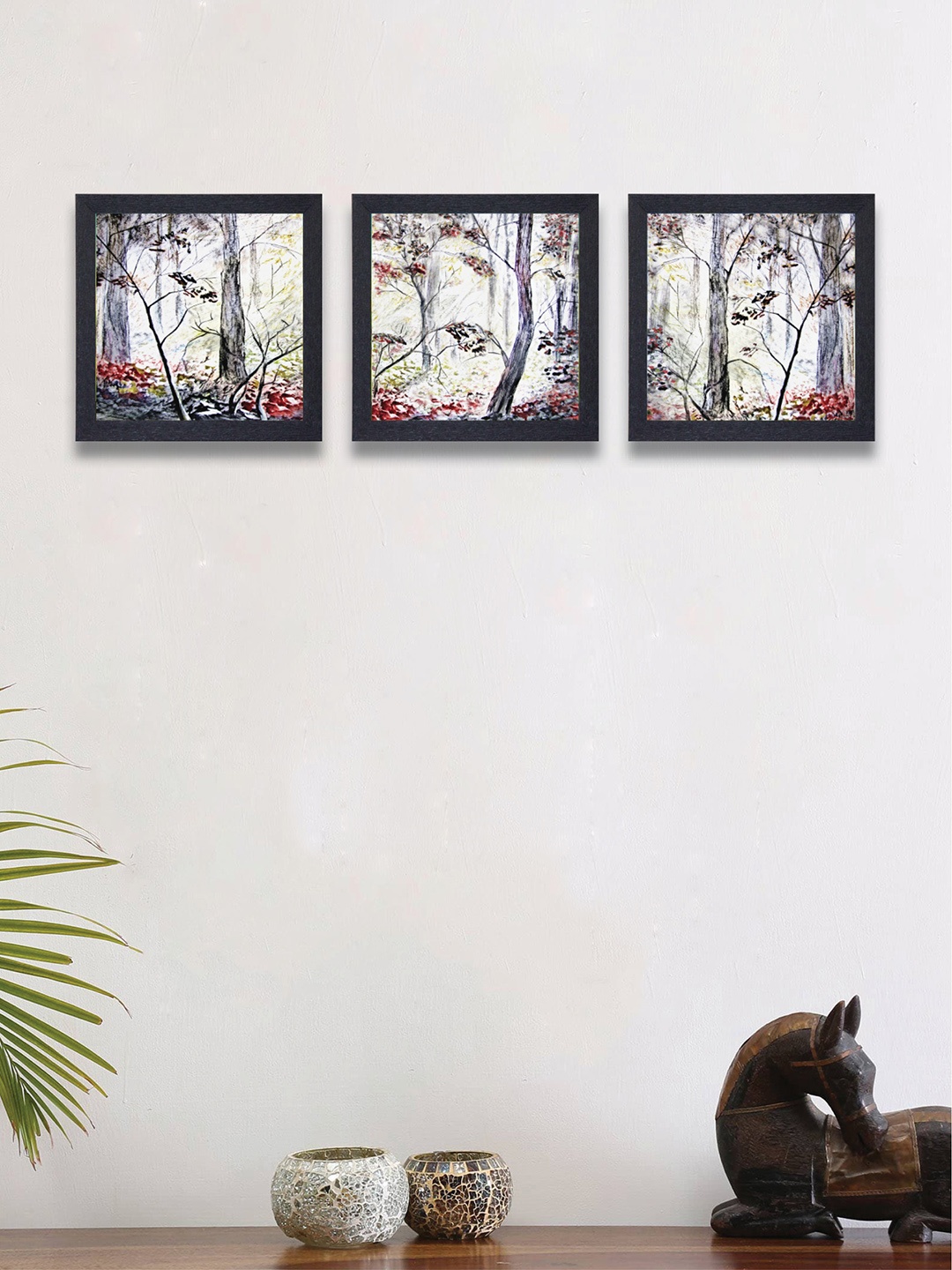 

nest ART Set of 3 Grey & Red Watercolor Nature Synthetic Wood Wall Art