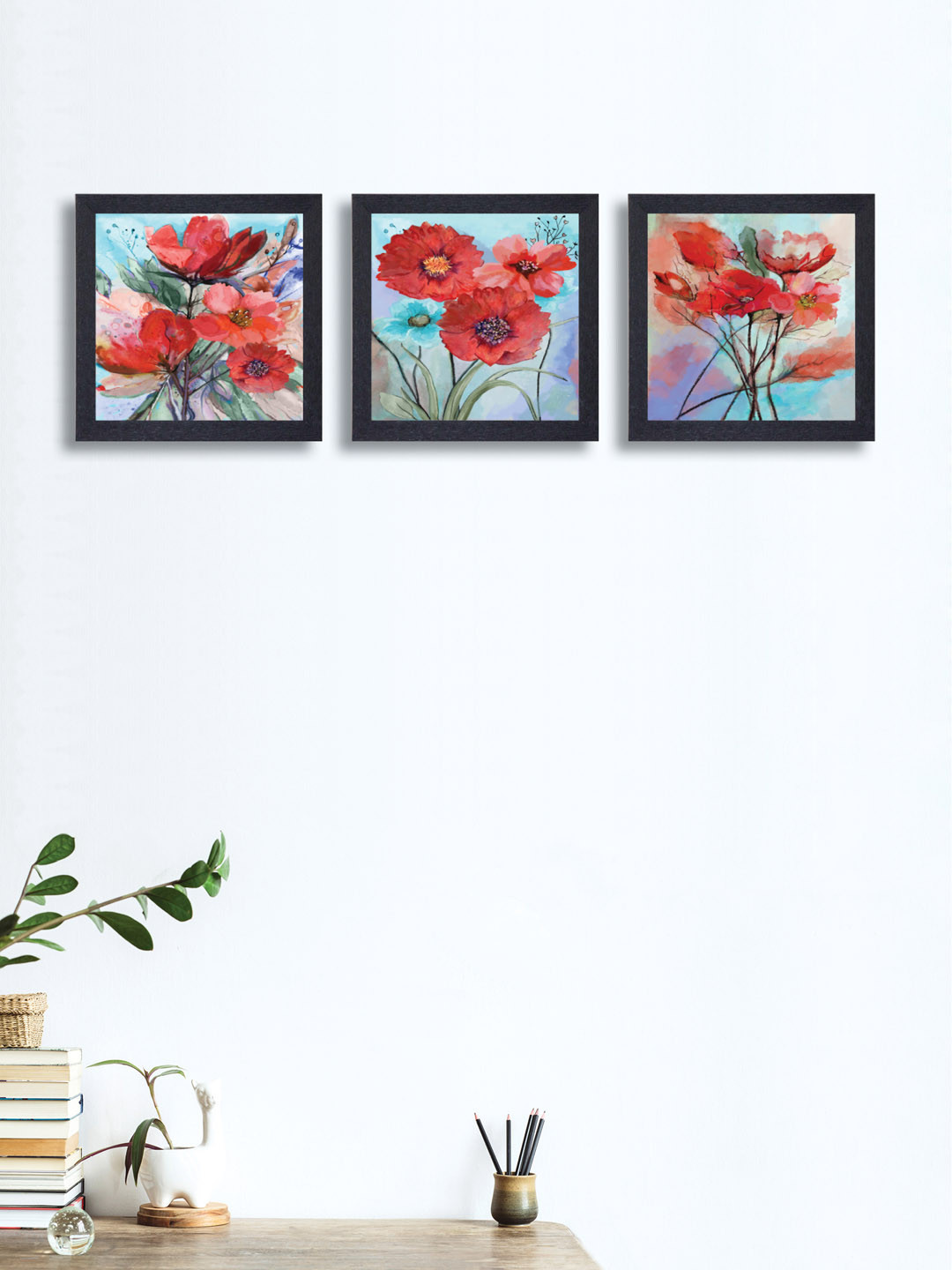 

nest ART Set of 3 Red & Blue Textured Frame Floral Wall Art