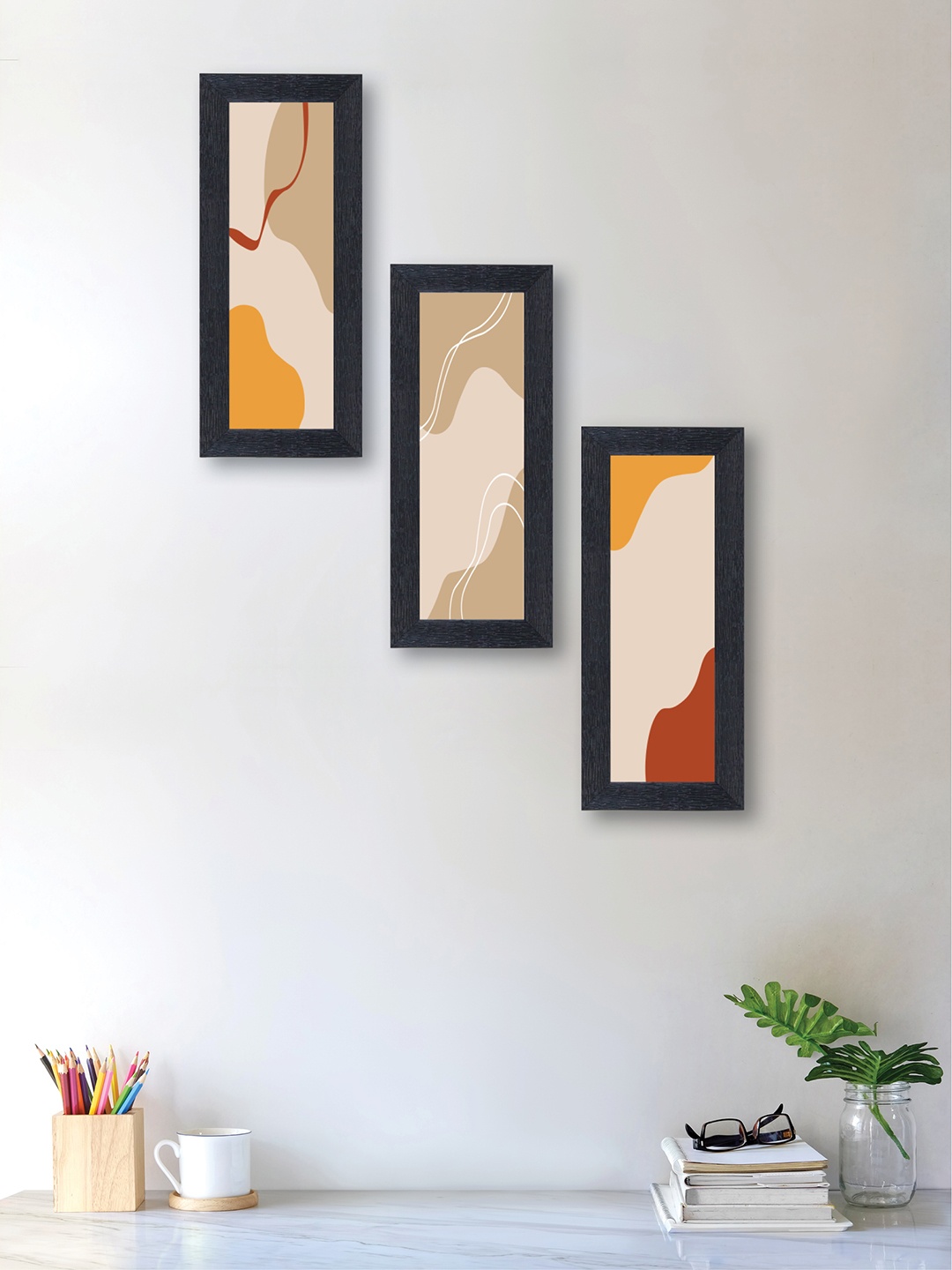 nest ART Set of 3 Beige & Pink Abstract Synthetic Wood Wall Art