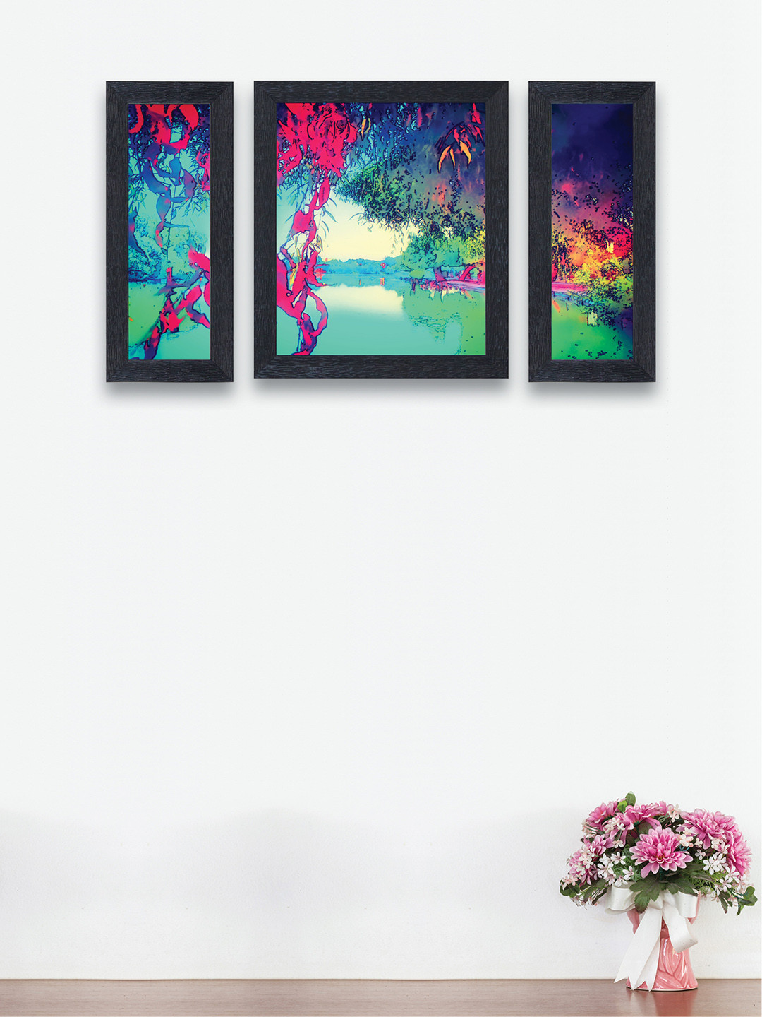 

nest ART Set of 3 Green & Pink Abstract Synthetic Wood Wall Art