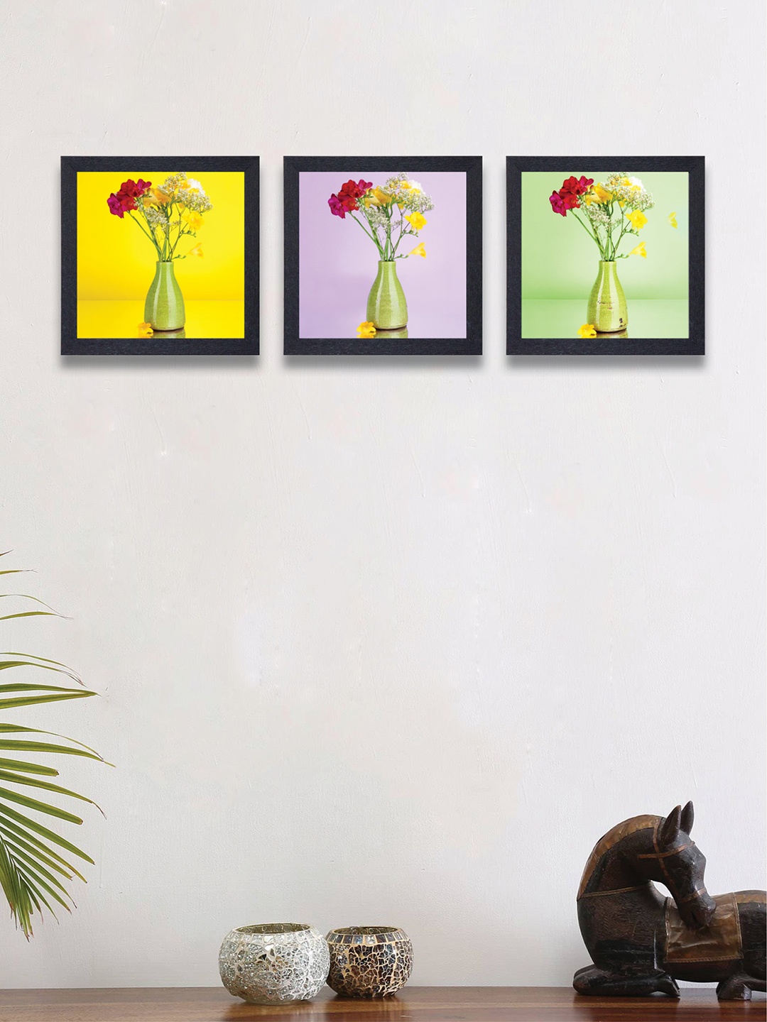 

nest ART Set of 3 Green & Red Flower Pot Synthetic Wood Wall Art