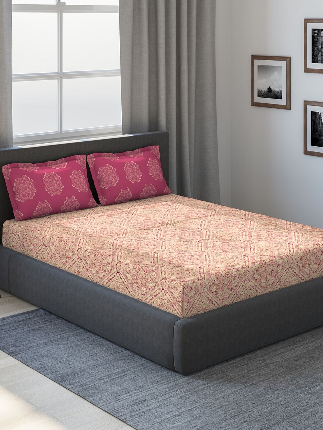 

DDecor Yellow & Magenta Ethnic Motifs 180 TC Cotton 1 King Bedsheet with 2 Pillow Covers