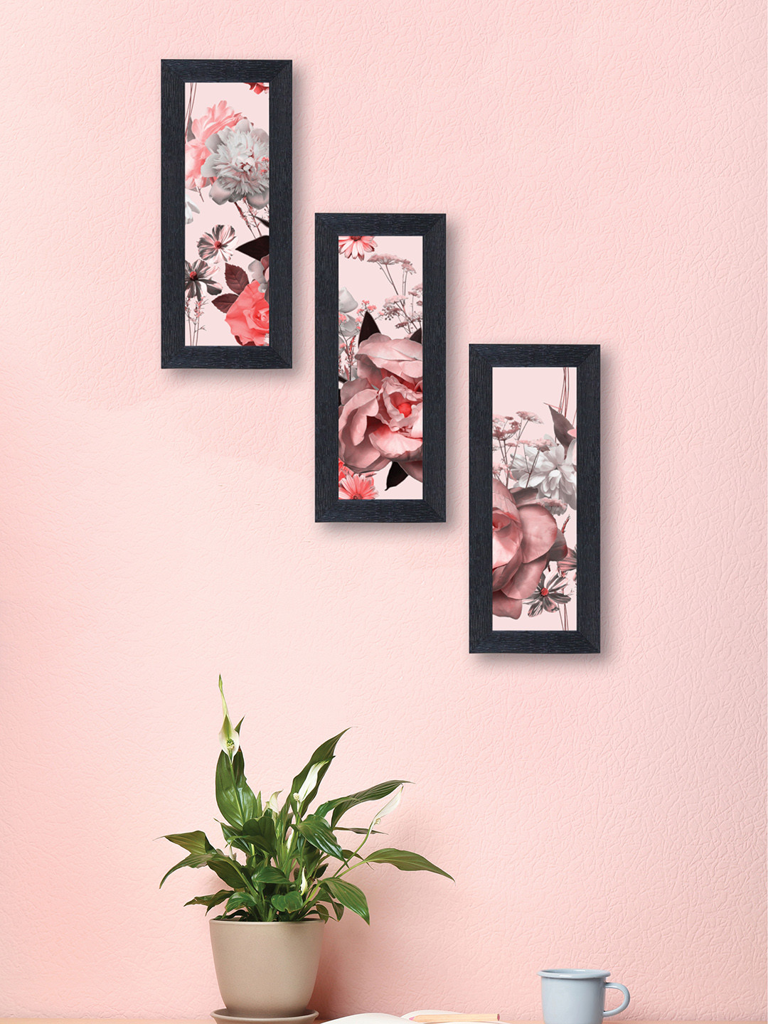 

nest ART Set of 3 Pink & Grey Flowers Synthetic Wood Wall Art