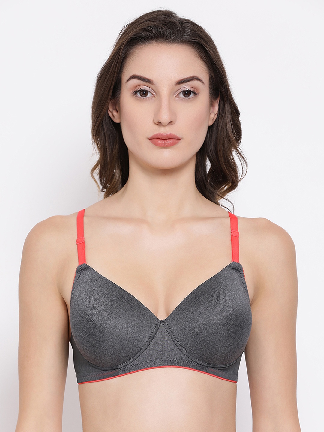 

Clovia Grey & Orange Solid Non-Wired Lightly Padded T-shirt Bra BR1737P0532B