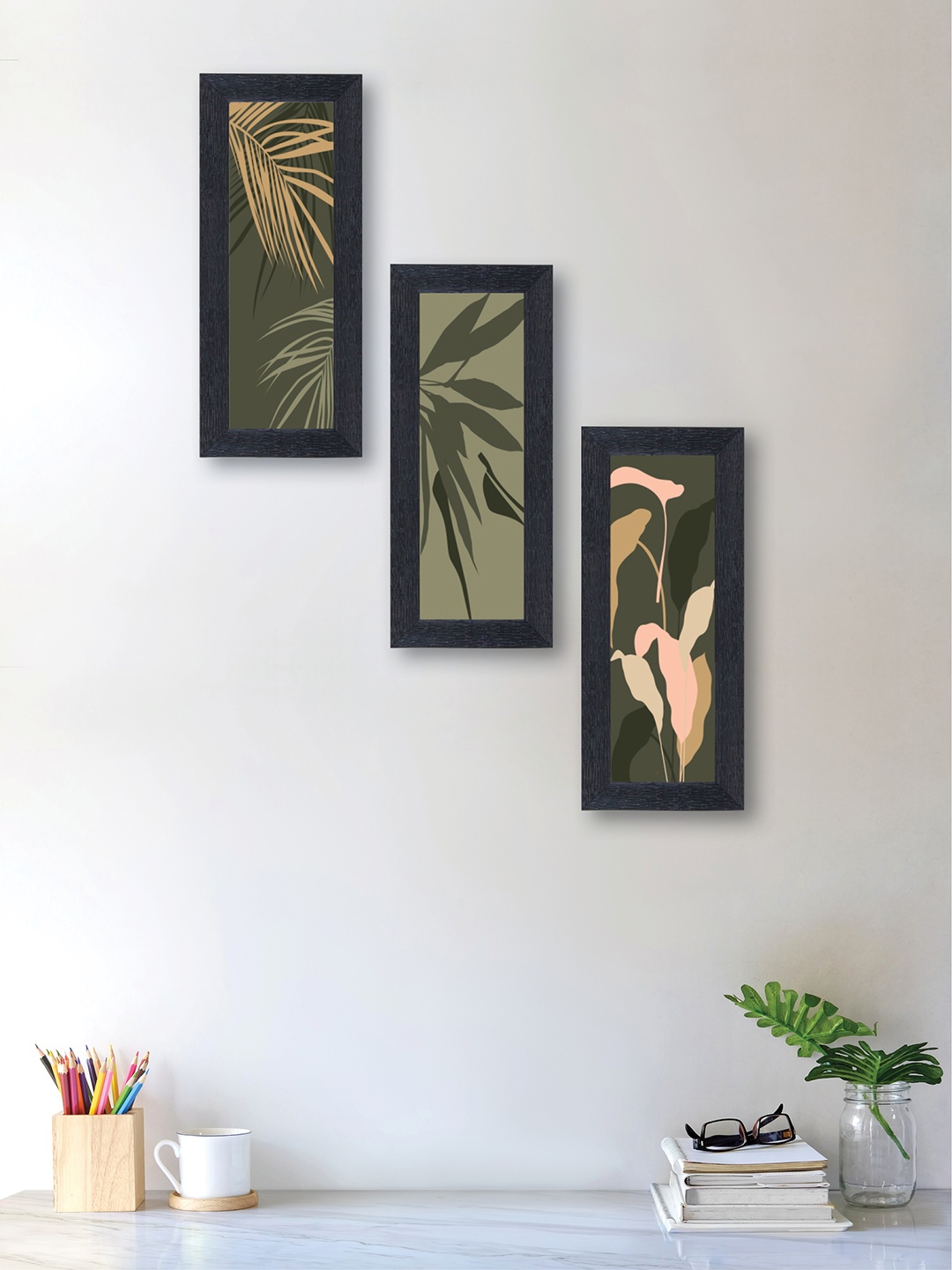 

nest ART Set of 3 Green & Pink Botanical Synthetic Wood Wall Art