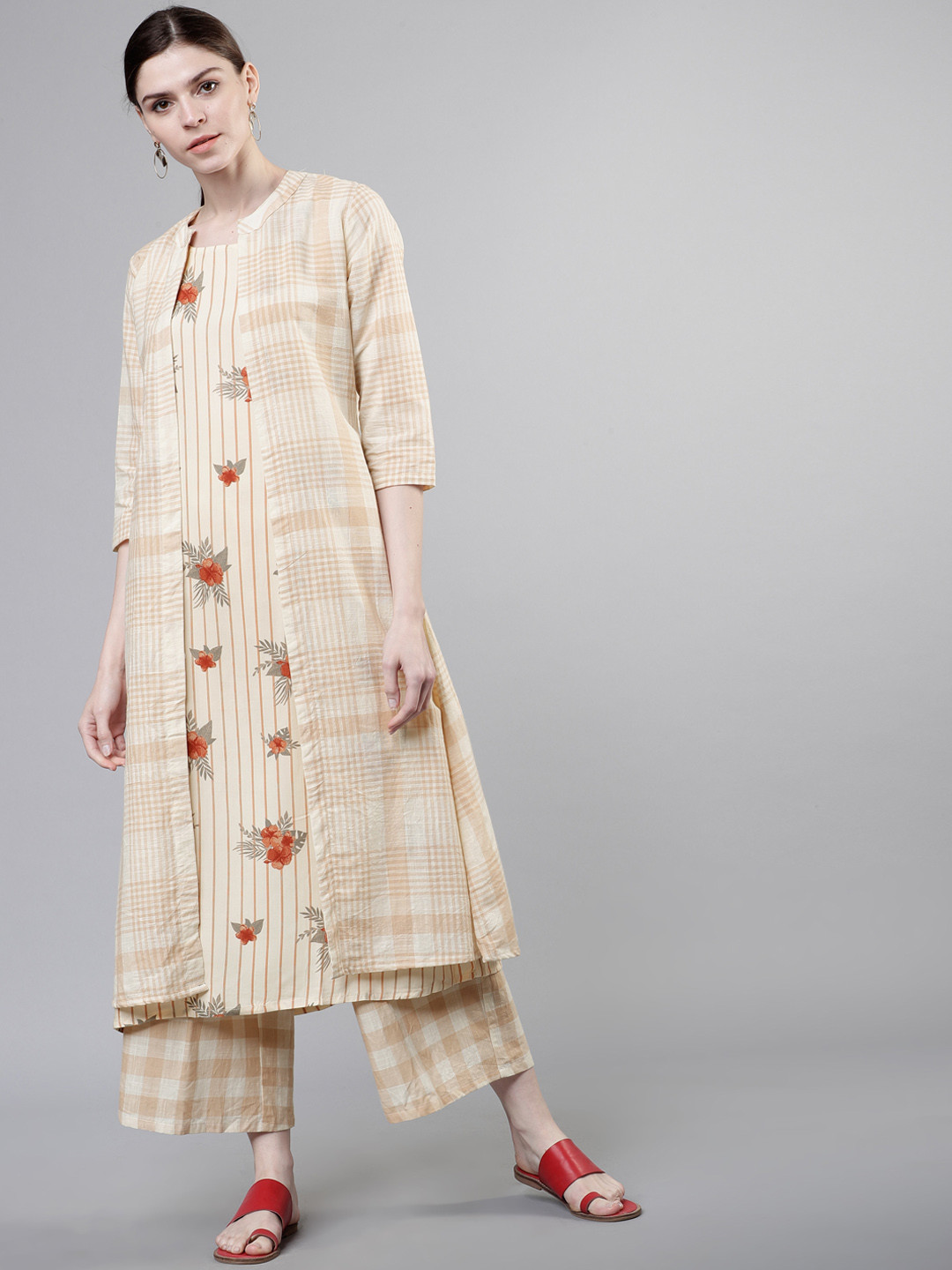

Vishudh Women Beige Striped A-Line Kurta With Jacket