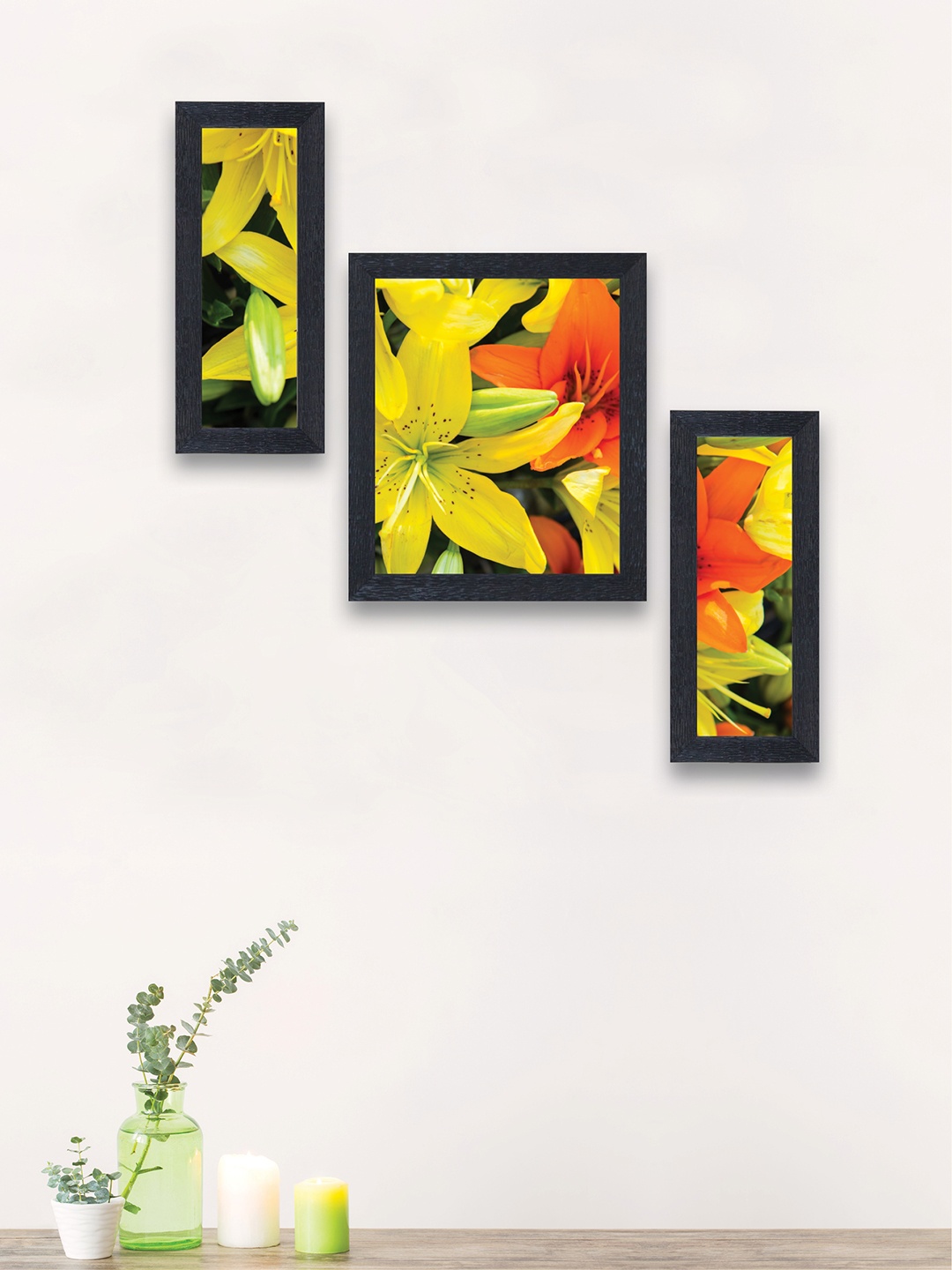 

nest ART Set of 3 Green & Orange Flowers Synthetic Wood Wall Art