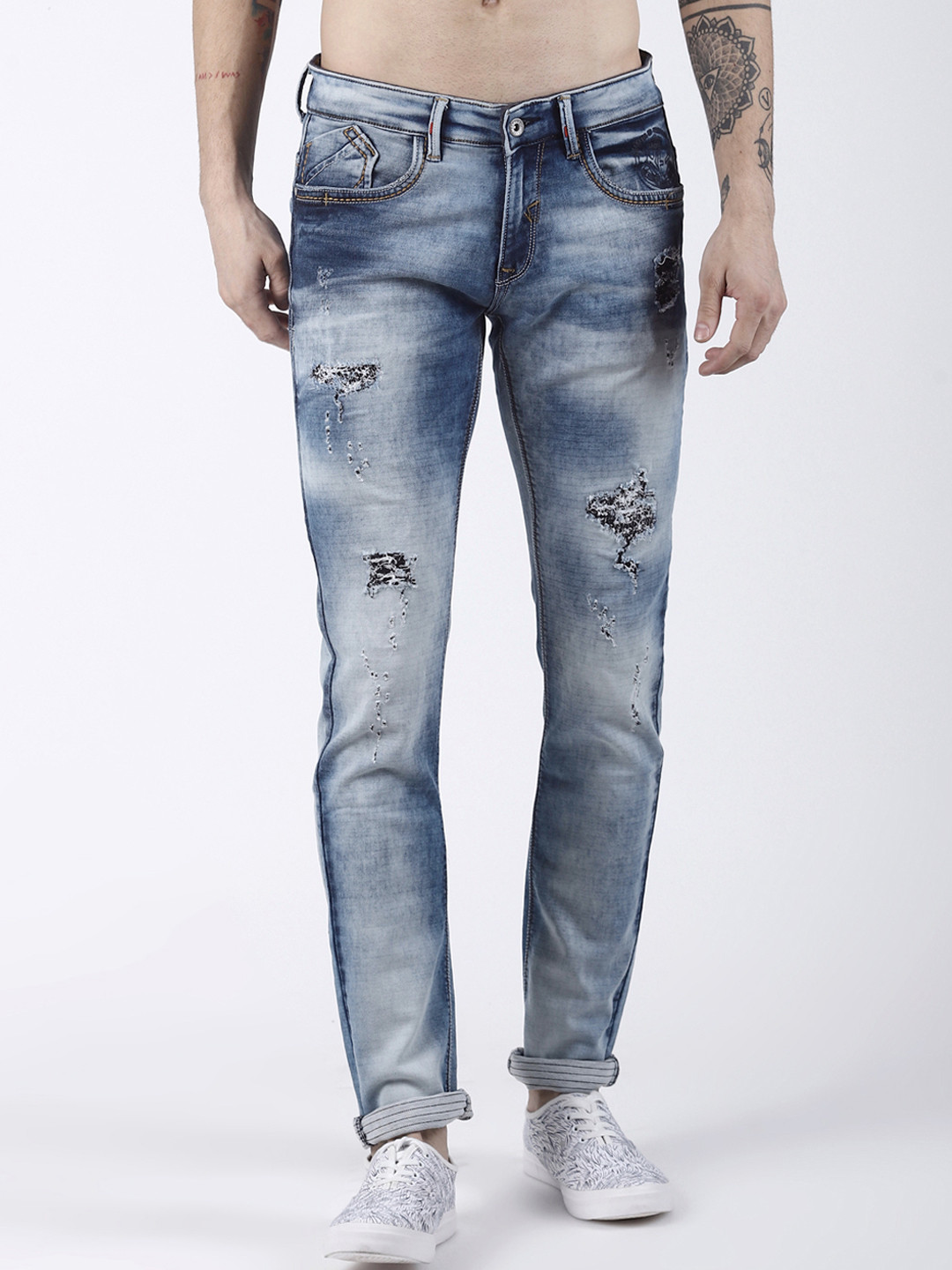 

Rex Straut Jeans Men Blue Comfort Slim Fit Mid-Rise Mildly Distressed Jeans