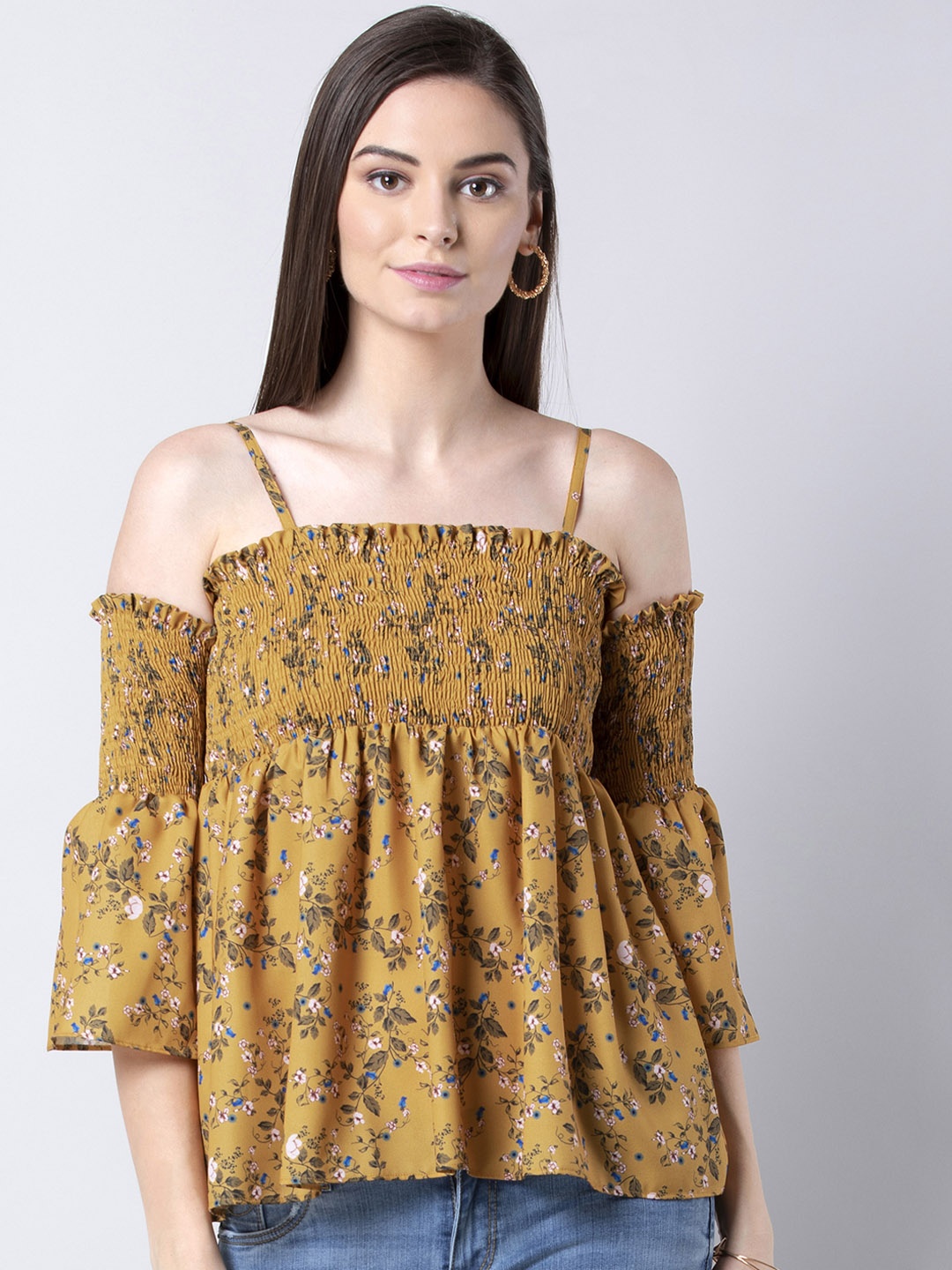 FabAlley Women Mustard Yellow & Green Floral Printed Smocked Empire Top