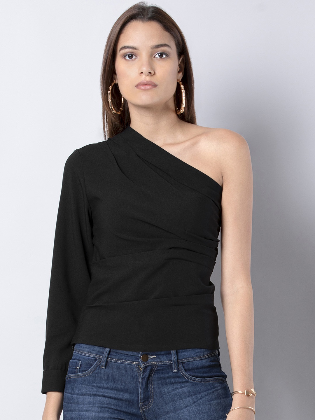 

FabAlley Women Black Solid One Shoulder Top