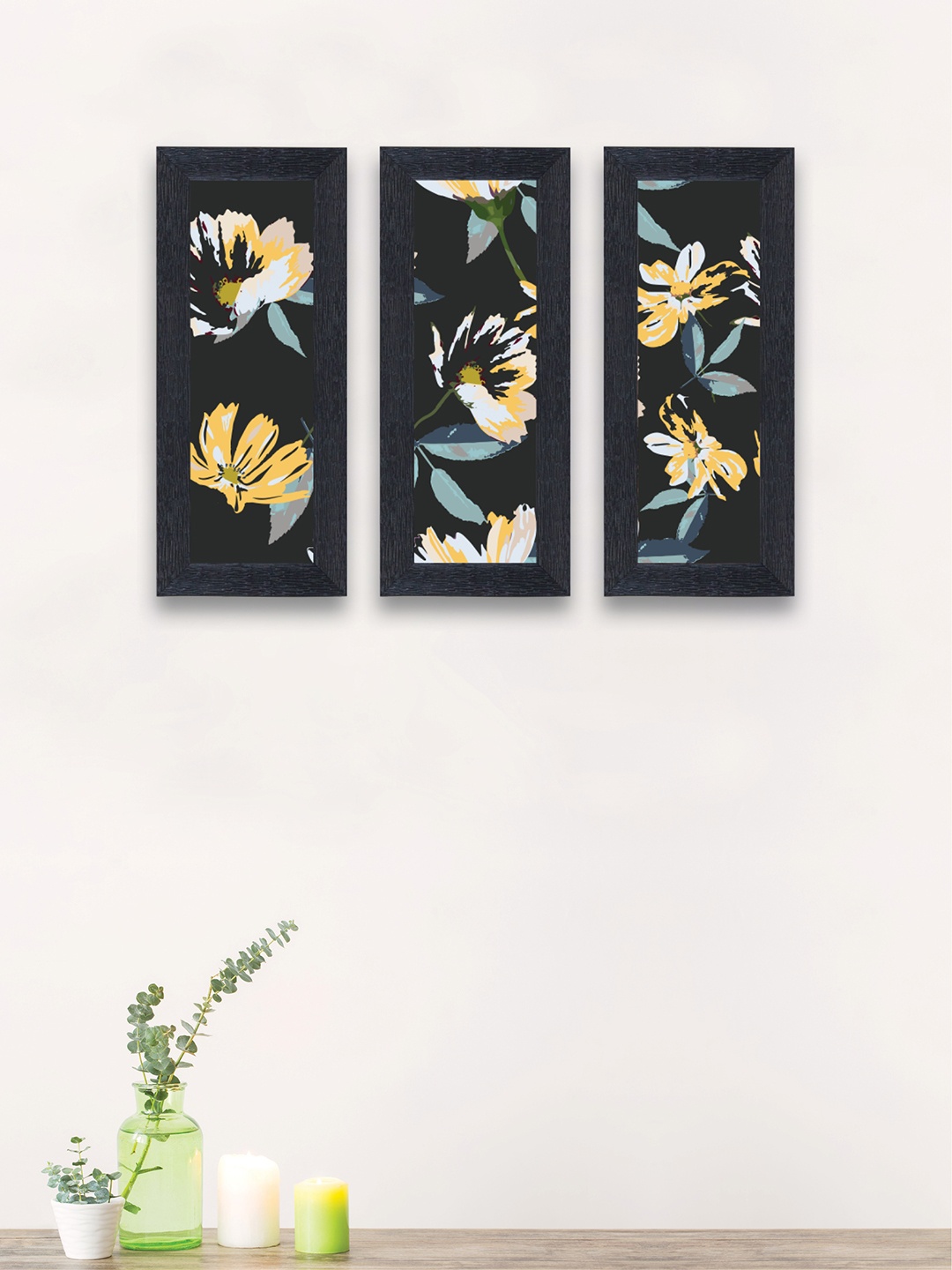 nest ART Set of 3 Black & Yellow Floral Synthetic Wood Wall Art