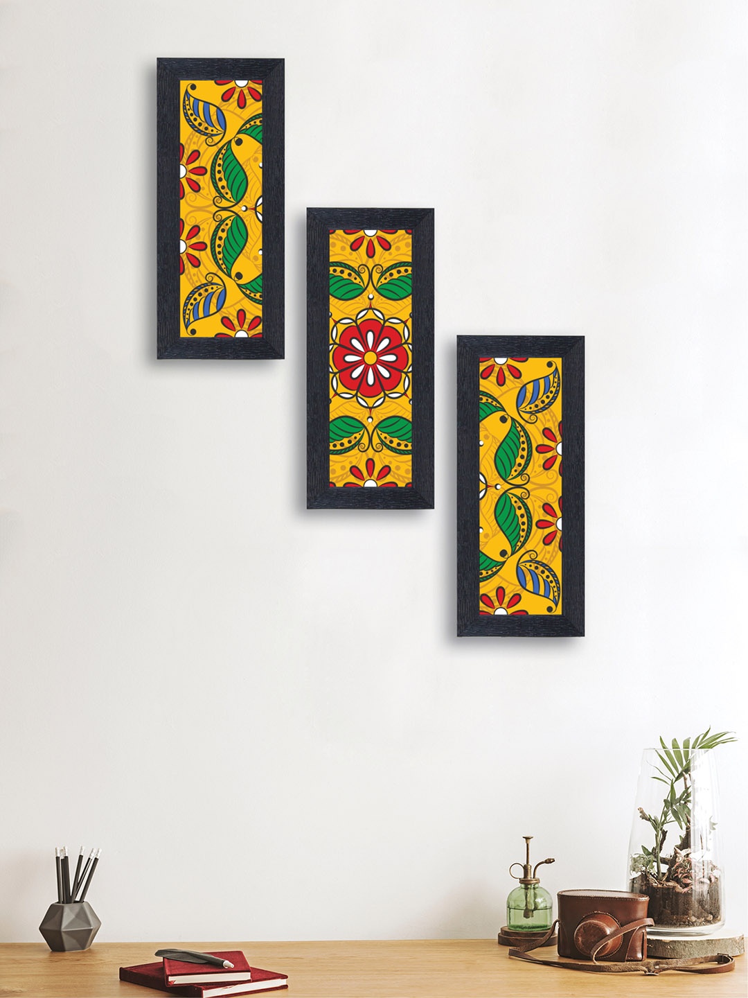 

nest ART Set of 3 Yellow & Green Abstract Synthetic Wood Wall Art