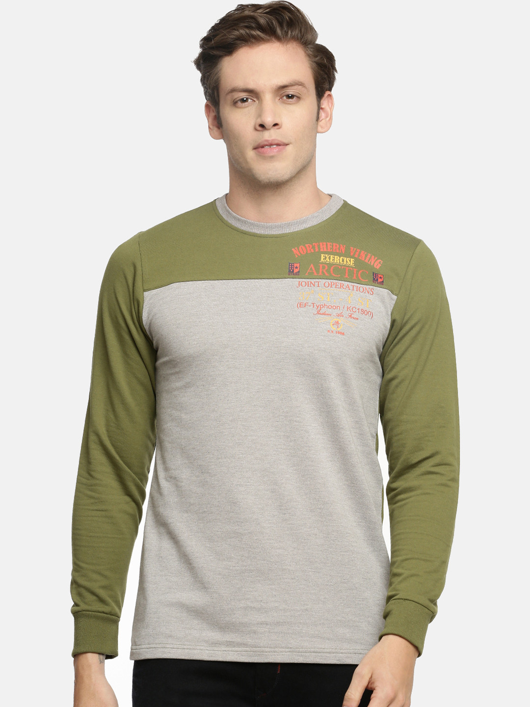 

ACTIMAXX Men Grey Melange & Olive Green Colourblocked Round Neck T-shirt