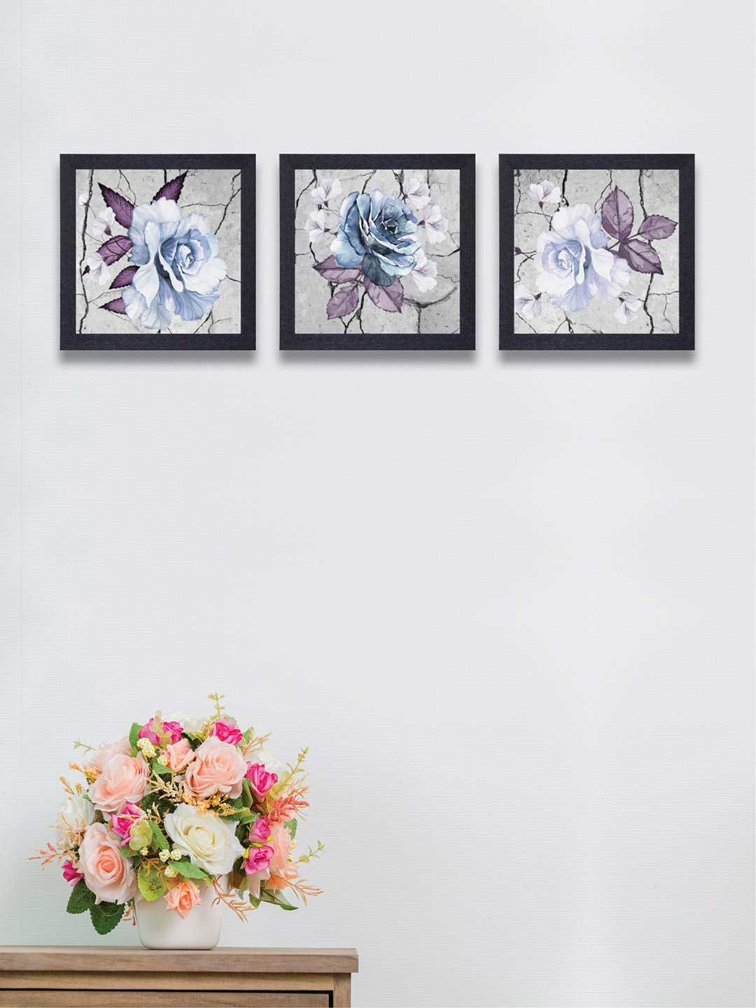 

nest ART Set of 3 Blue & Grey Floral Synthetic Wood Wall Art