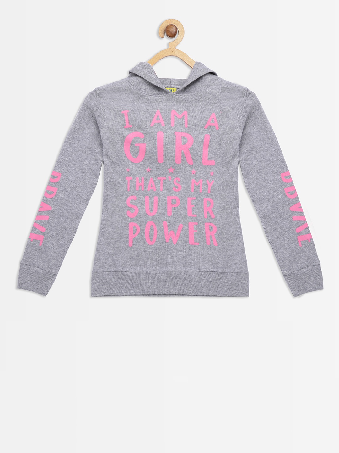 

Punkster Girls Grey Melange Printed Hooded Sweatshirt