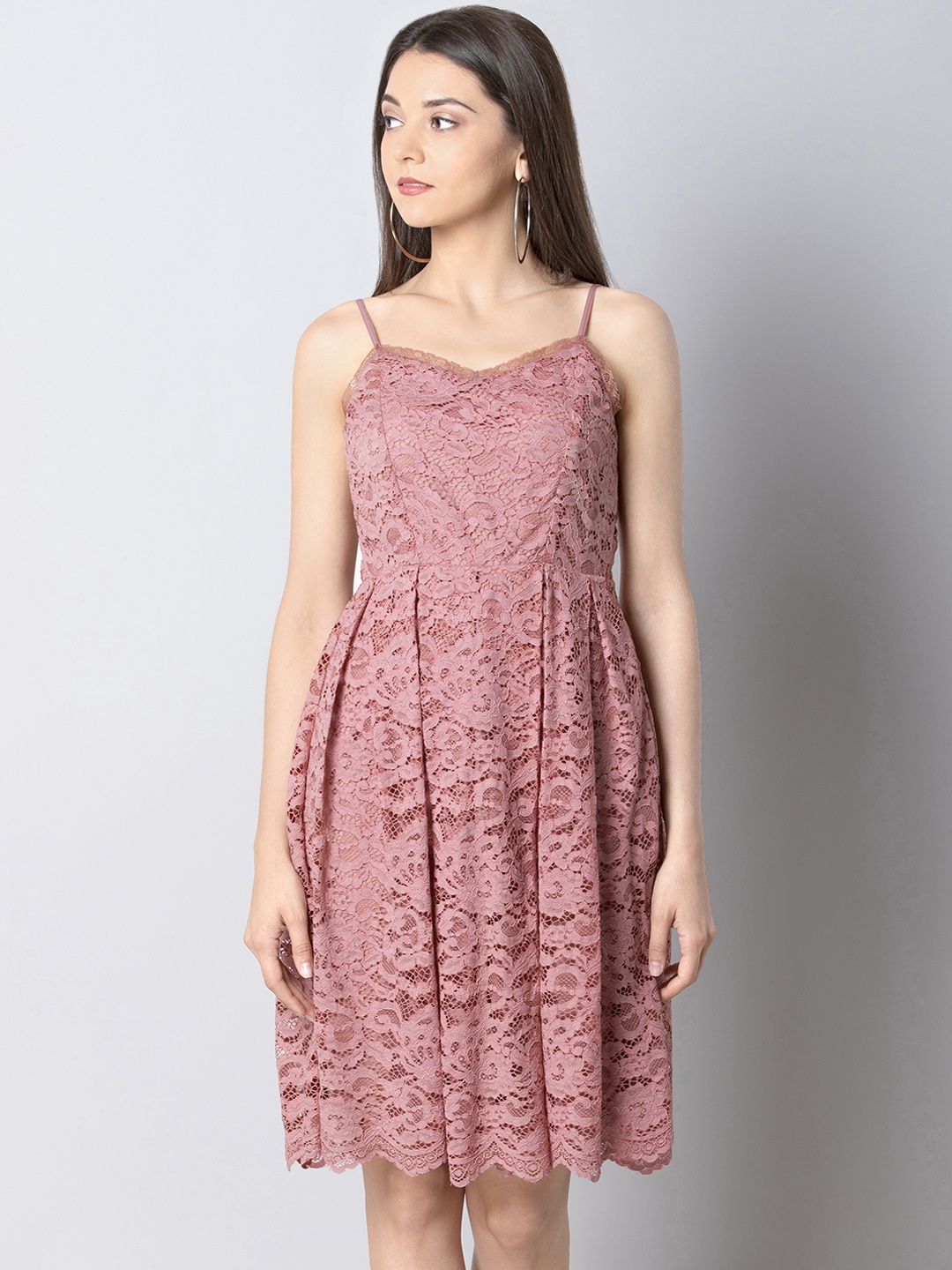 

FabAlley Women Pink Self Design Lace Fit and Flare Dress