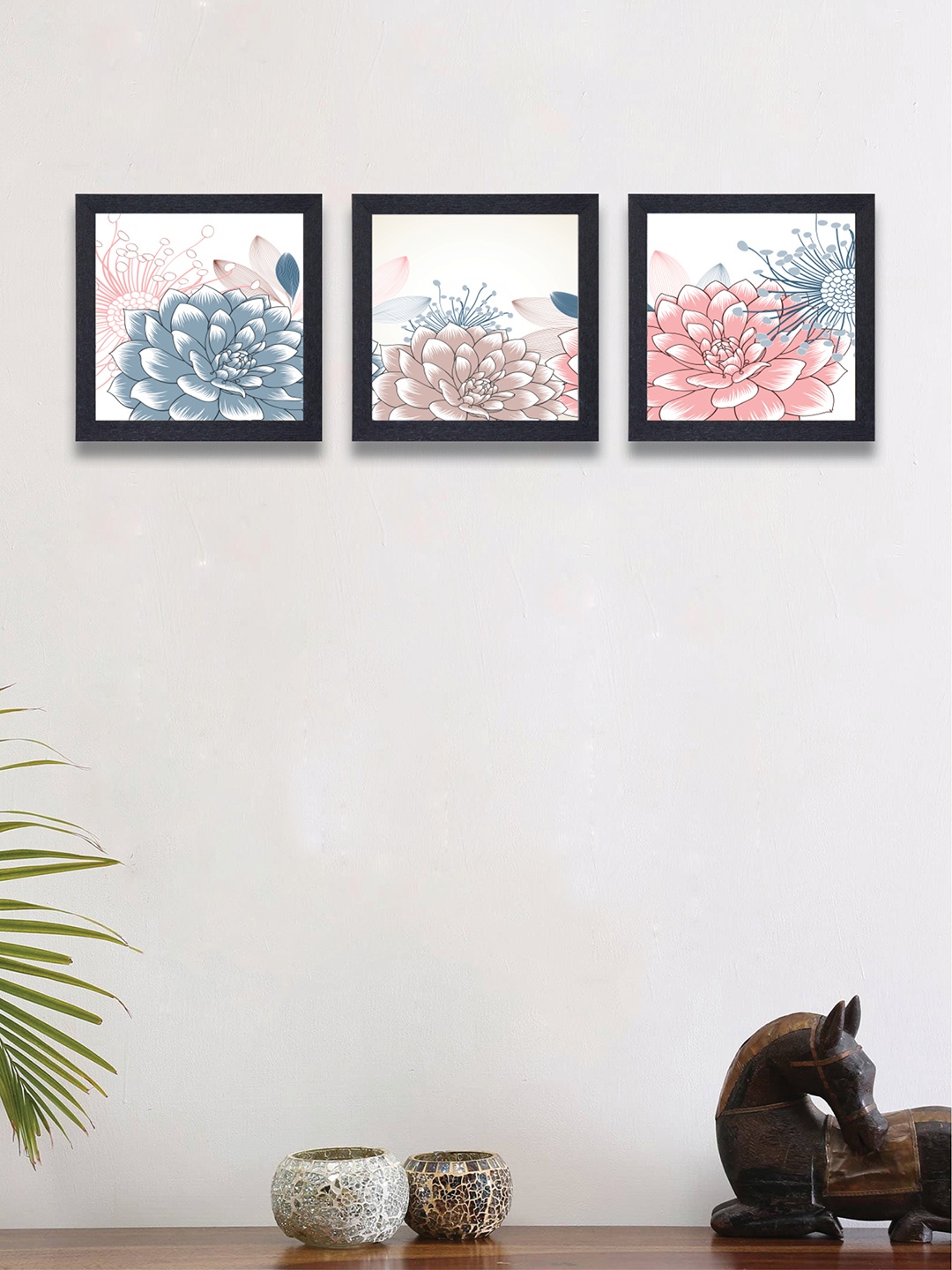 

nest ART Set of 3 Black & Blue Flower Wall Painting