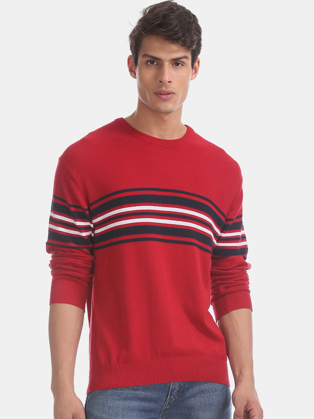 

Arrow Sport Men Red & Navy Blue Striped Pullover Sweater