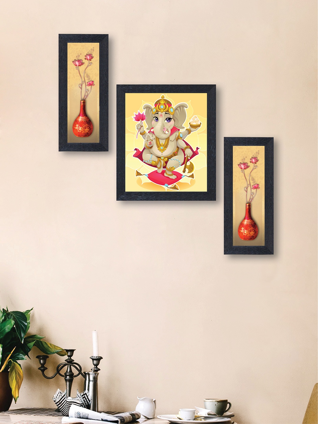 

nest ART Set of 3 Beige & Red Ganapati Bappa Synthetic Wood Wall Art