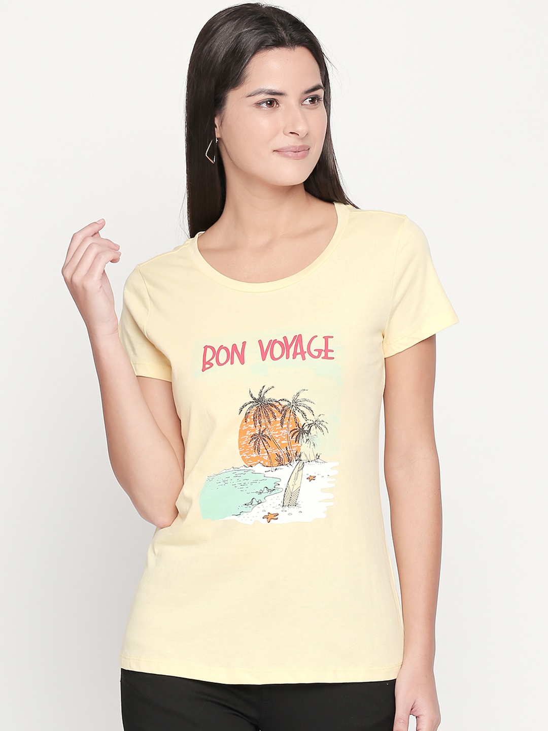

Honey by Pantaloons Women Yellow Printed Round Neck Pure Cotton T-shirt