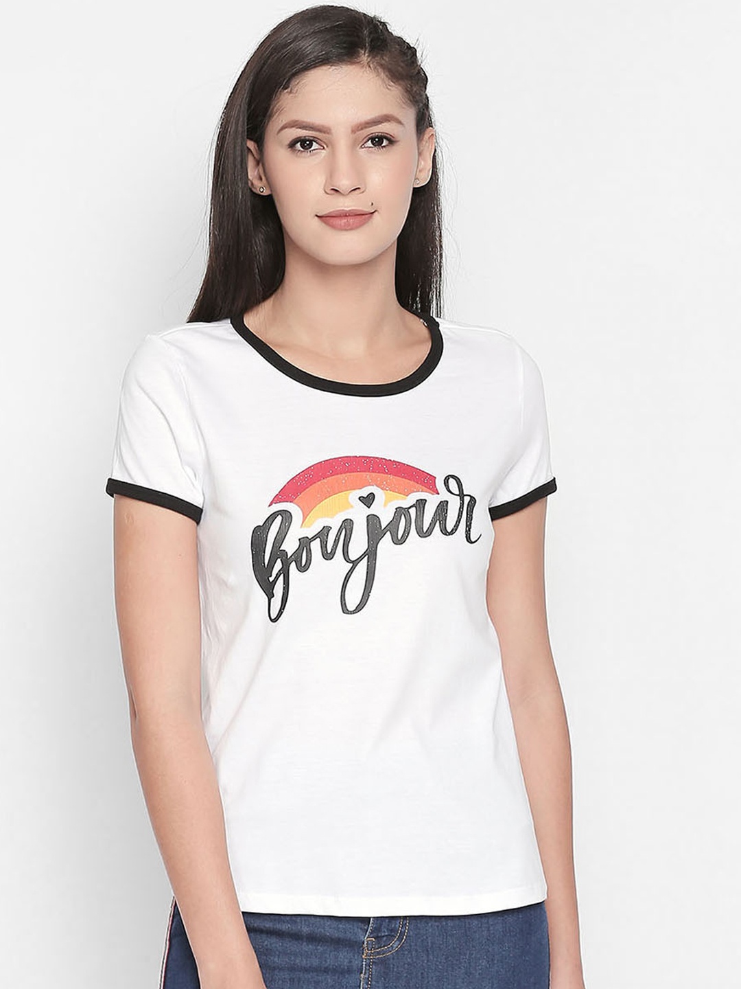 

Honey by Pantaloons Women White Printed Round Neck Pure Cotton T-shirt