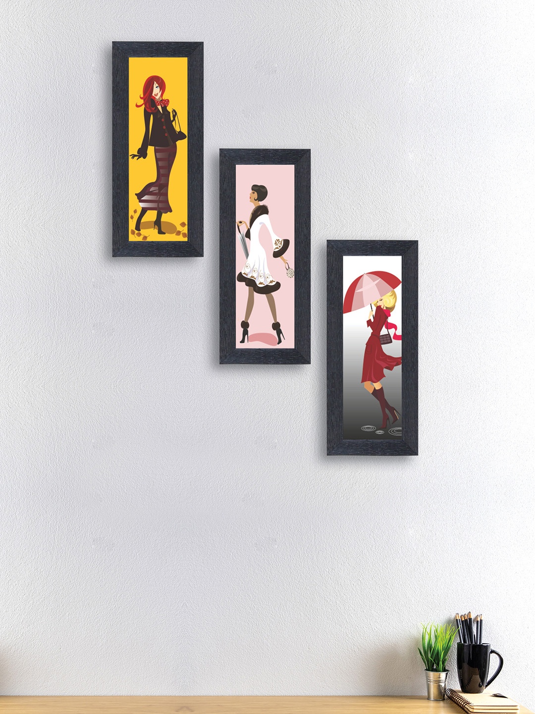 

nest ART Set of 3 Yellow & Pink Fashionable Lady Synthetic Wood Wall Art