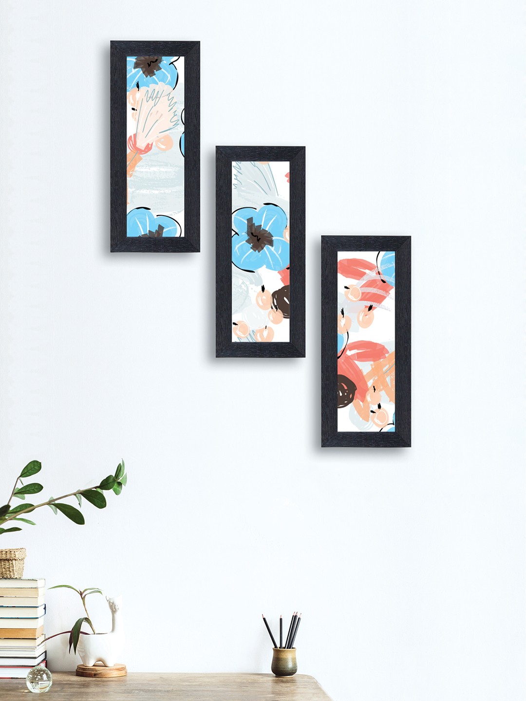 

nest ART Set of 3 Blue & Peach-Coloured Textured Floral Wall Painting