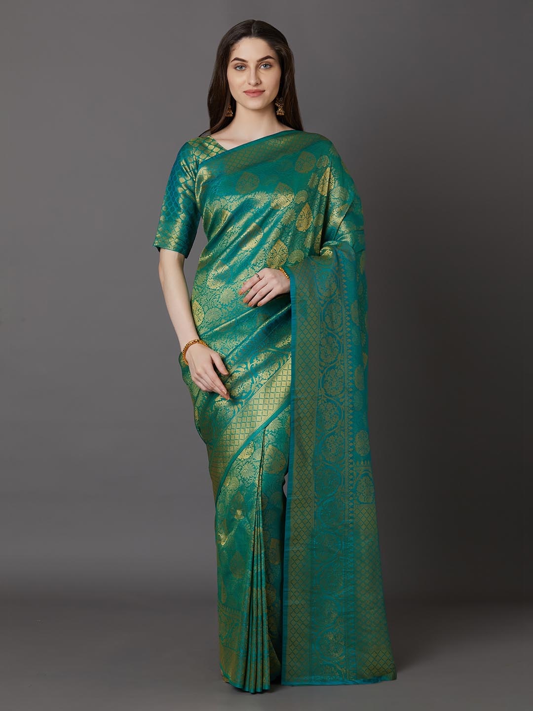 Mitera Green & Beige Silk Blend Woven Design Banarasi Saree