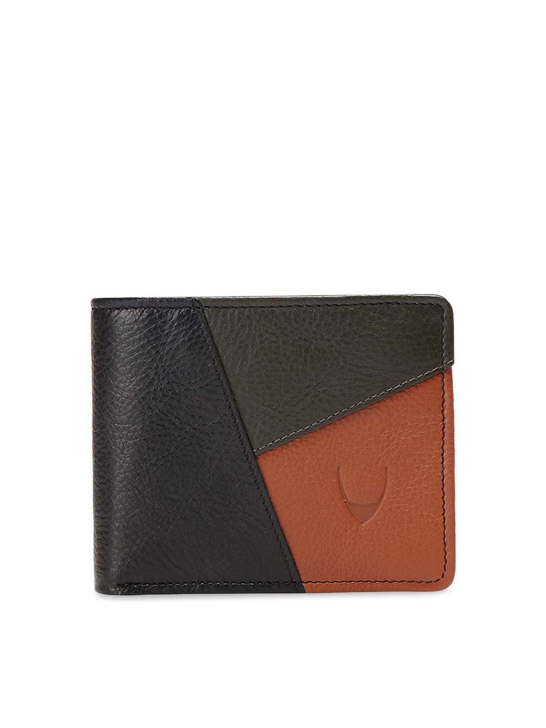

Hidesign Men Black & Olive Brown Colourblocked Leather Two Fold Wallet