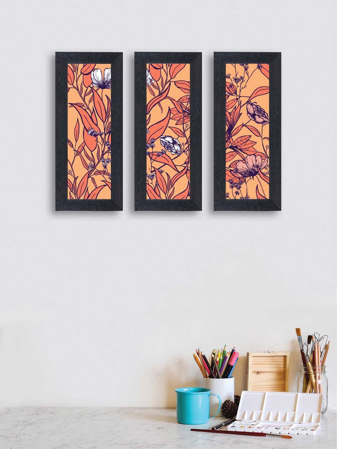 

nest ART Set of 3 Orange & Peach-Coloured Floral Synthetic Wood Wall Art