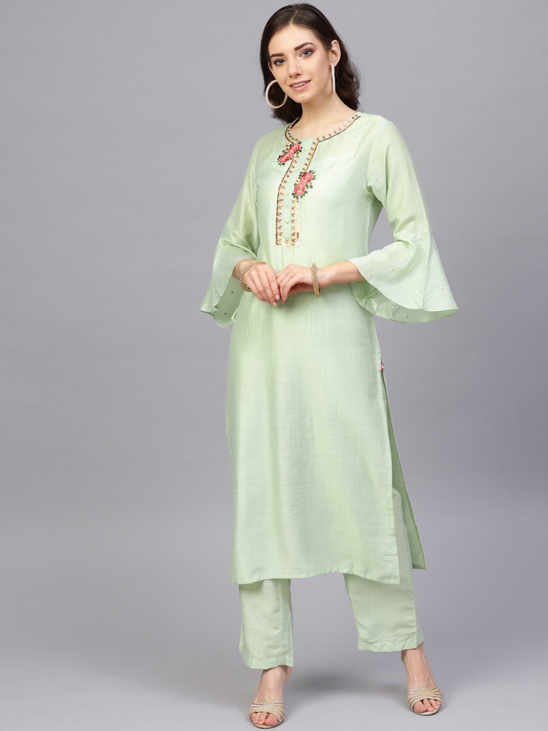 

Varanga Women Lime Green Embroidered Kurta with Palazzos