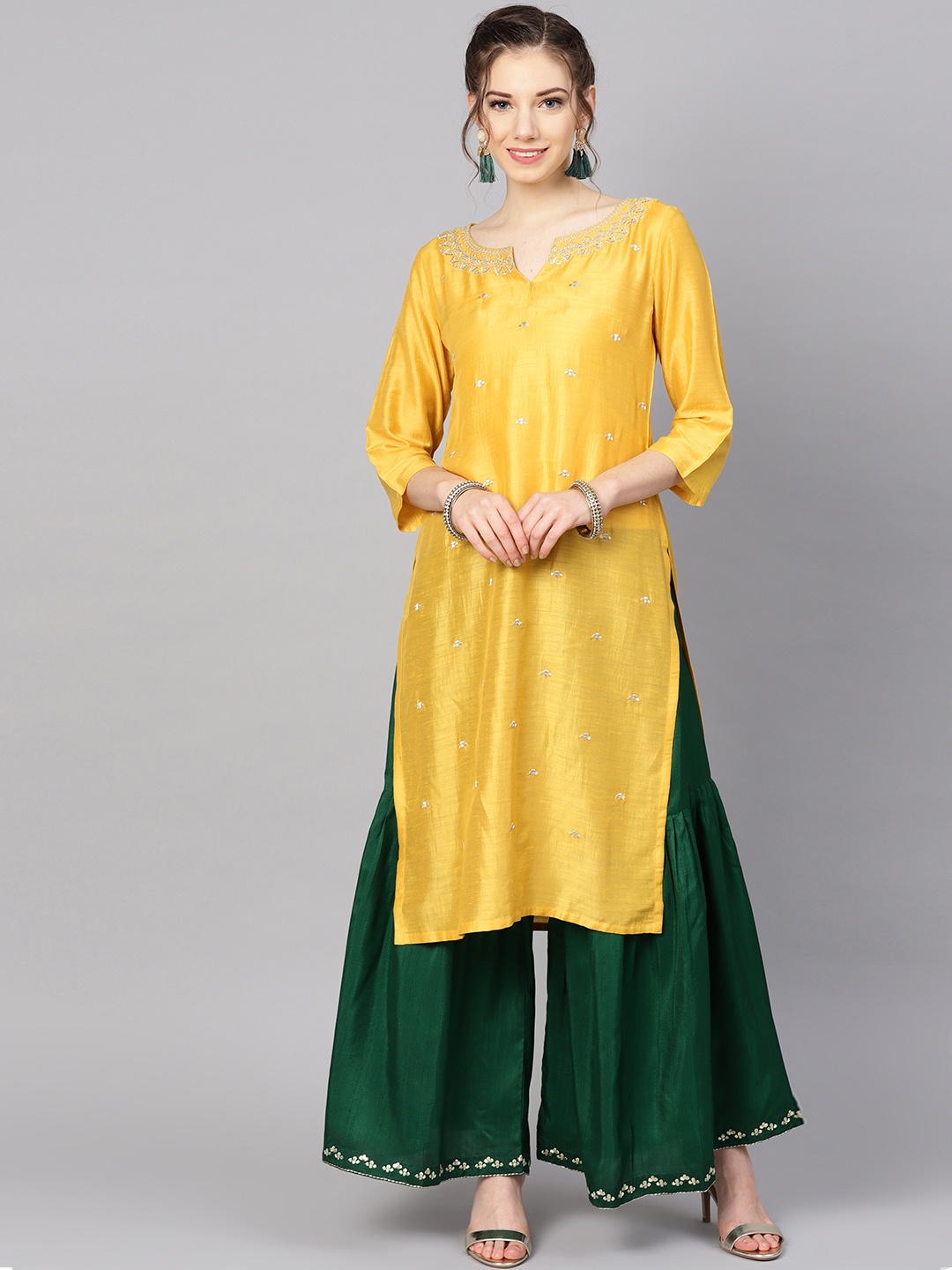 

Varanga Women Mustard Yellow & Green Embroidered Kurta with Sharara