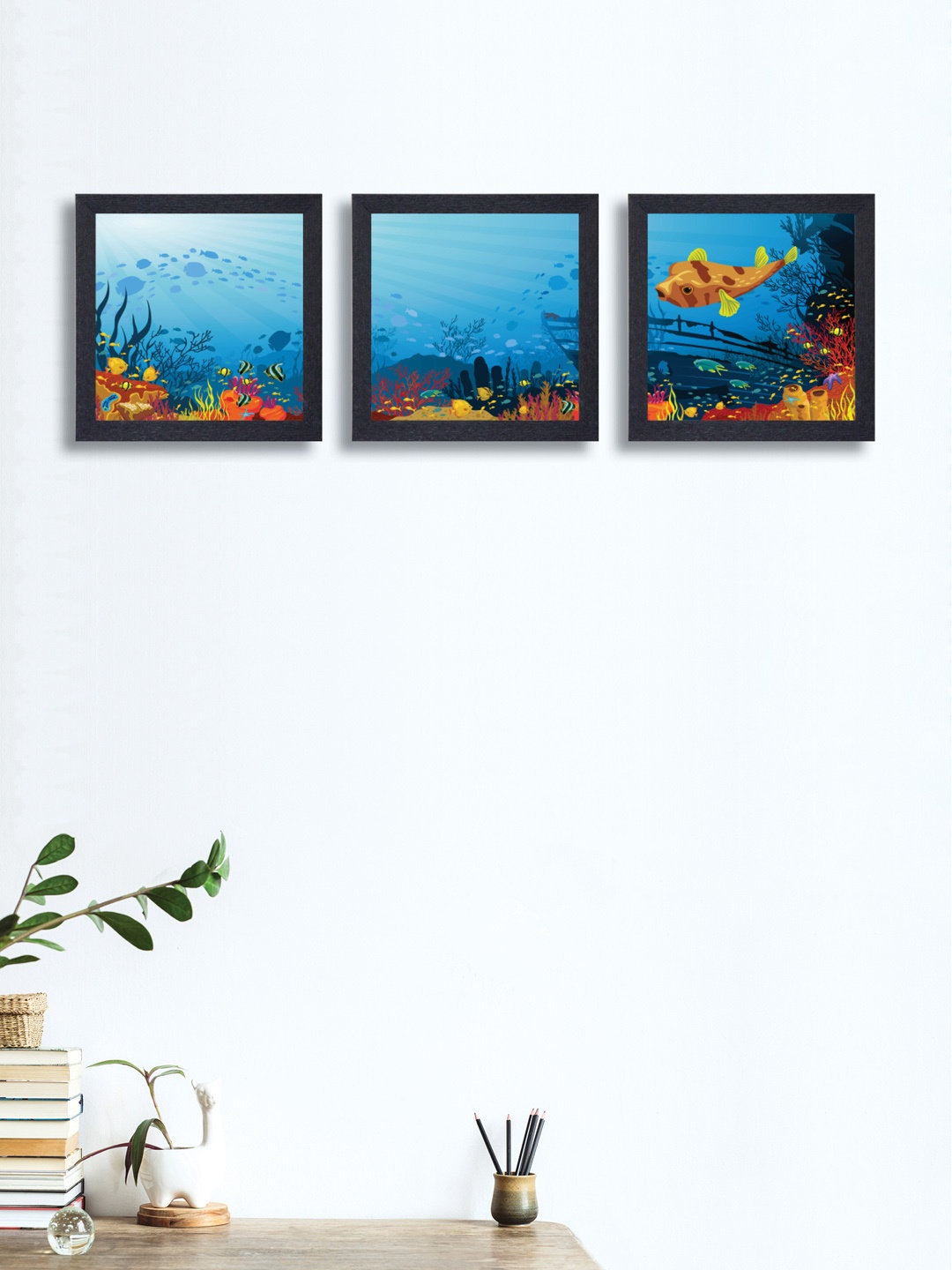 

nest ART Set of 3 Blue & Brown Sea Fish Synthetic Wood Wall Art