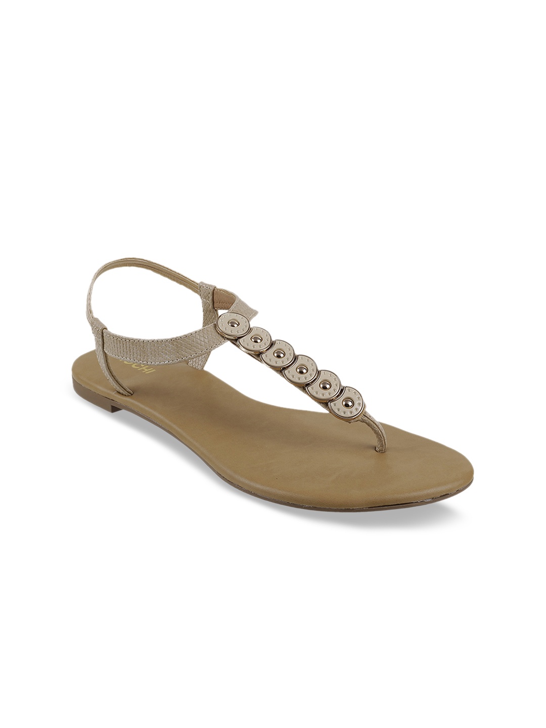 Mochi Women Beige Embellished T-Strap Flats