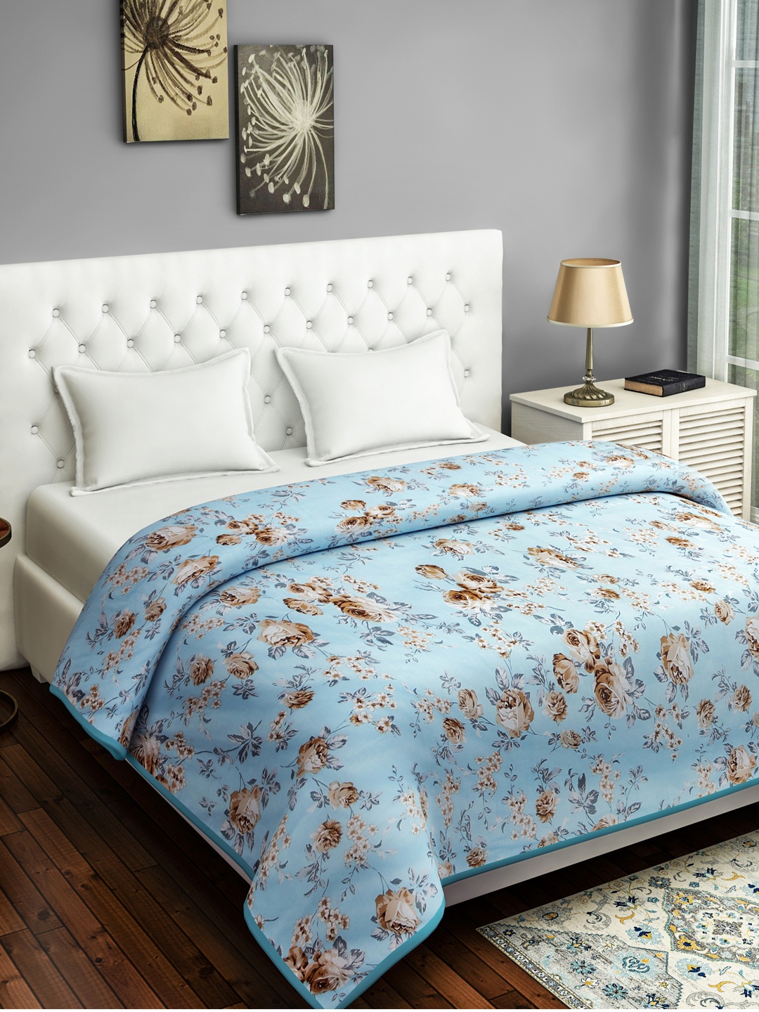 

SWAYAM Turquoise Blue & Brown Floral Mild Winter 120 GSM Double Bed Dohar